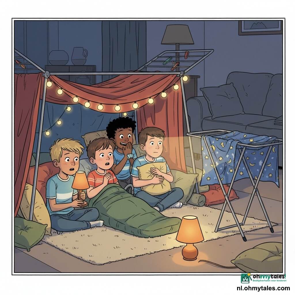 Vier jongens van ongeveer 9 jaar in een woonkamer-blanketfort: Milan — kort bruin haar, blauw gestreept pyjamaatje, liggend op de voorgrond in een groen slaapzakje, grote bezorgde ogen, fluistert naar de lamp; Sem — warrig blond haar, rood T-shirt, knieën opgetrokken links van Milan, houdt een klein oranje nachtlampje dat het knisperende punt van de droogrekbedekking verlicht met geconcentreerde maar geruststellende blik; Joep — bruin kapsel, grijze trui, zit rechts in een rolstoel met een kussen, kalme oplettendheid; Rafi — zwart warrig haar, geel T‑shirt, half achter Milan zittend met hand voor de mond alsof hij een zenuwachtige lach onderdrukt. De kamer is een beige zacht tapijt, grijze bank achteraan, gekleurde dekens over een piepend metalen droogrek, gestapelde kussens en een zachte lichtslinger; nachtelijke, warme maar licht dramatische sfeer met lange schaduwen, warme kleuren (oranje, rood, nachtelijk blauw) en een duidelijk frans-belgische stripstijl.