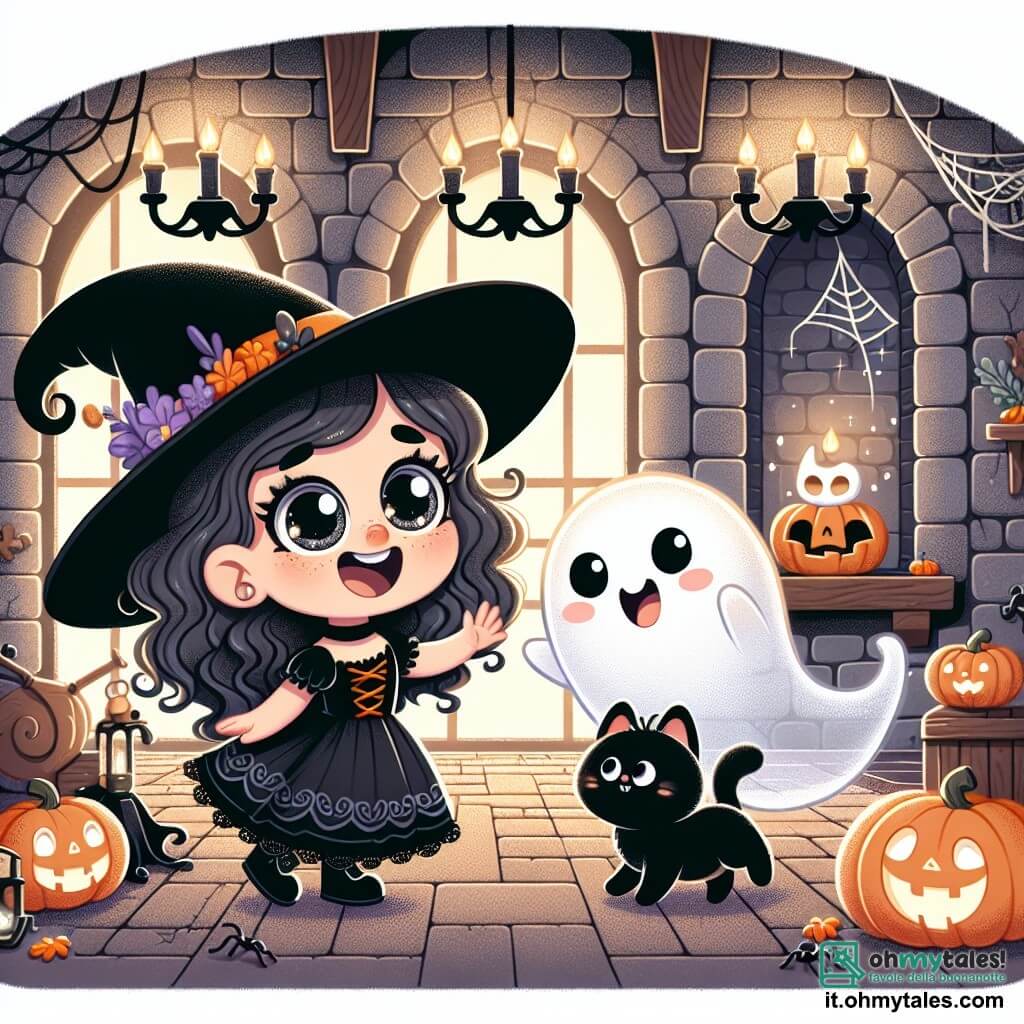 Una bambina di 4 anni, Luna, con grandi occhi scintillanti e capelli ricci, indossa un costume di streghetta nero con un cappello a punta. Sorride con meraviglia, tenendo tra le braccia un piccolo gattino nero di nome Leo, che guarda intorno con curiosità. Il fantasma della casa, uno spirito amichevole con un volto sorridente e una silhouette traslucida, fluttua gioiosamente accanto a loro, pronto a giocare. La scena si svolge all'interno di una vecchia casa misteriosa, con muri di pietra, ragnatele negli angoli e luci soffuse che creano un'atmosfera magica. Luna e Leo stanno giocando a nascondino con il fantasma, ridendo e divertendosi in questa casa incantata, dove l'amicizia e la magia di Halloween prendono vita.