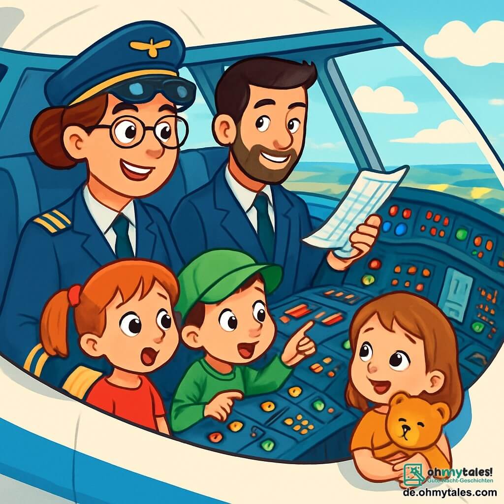 Eine Pilotin, Kapitänin Lara, lächelt selbstbewusst in einer blauen Uniform mit goldenen Streifen. Sie hat braune Haare zu einem Dutt gebunden und eine Sonnenbrille auf der Stirn. Sie sitzt im Cockpit eines großen weißen Flugzeugs mit blauen Flügeln, umgeben von vielen Tasten und leuchtenden Bildschirmen, und schaut begeistert durch das Cockpitfenster. Neben ihr berät sich ihr Co-Pilot, ein etwa 30-jähriger Mann mit schwarzen Haaren und gepflegtem Bart, mit Flugkarten. Er trägt ebenfalls eine blaue Uniform und lächelt Lara an. Im Cockpit sind drei Kinder: Anna, ein 7-jähriges Mädchen in einem roten Kleid mit Zöpfen, ist von den Instrumenten fasziniert. Tom, ein 6-jähriger Junge mit einer niedlichen grünen Mütze, zeigt auf einen Knopf und ruft begeistert. Mia, ein 5-jähriges Mädchen mit einem Teddybär in den Armen, schaut mit leuchtenden Augen aus dem Fenster. Das Cockpit ist hell erleuchtet, mit bunten Instrumenten und blinkenden Lichtern, was eine dynamische und aufregende Atmosphäre schafft. Draußen ist der Himmel blau mit einigen weißen Wolken, und man sieht die Erde darunter, wie ein Patchwork aus Feldern und Häusern. Die Hauptszene zeigt Lara und ihr Team, die sich auf den Flug vorbereiten, mit Ausdruck von Freude und Aufregung, während sie sich auf den Start zu neuen Abenteuern im Himmel vorbereiten.