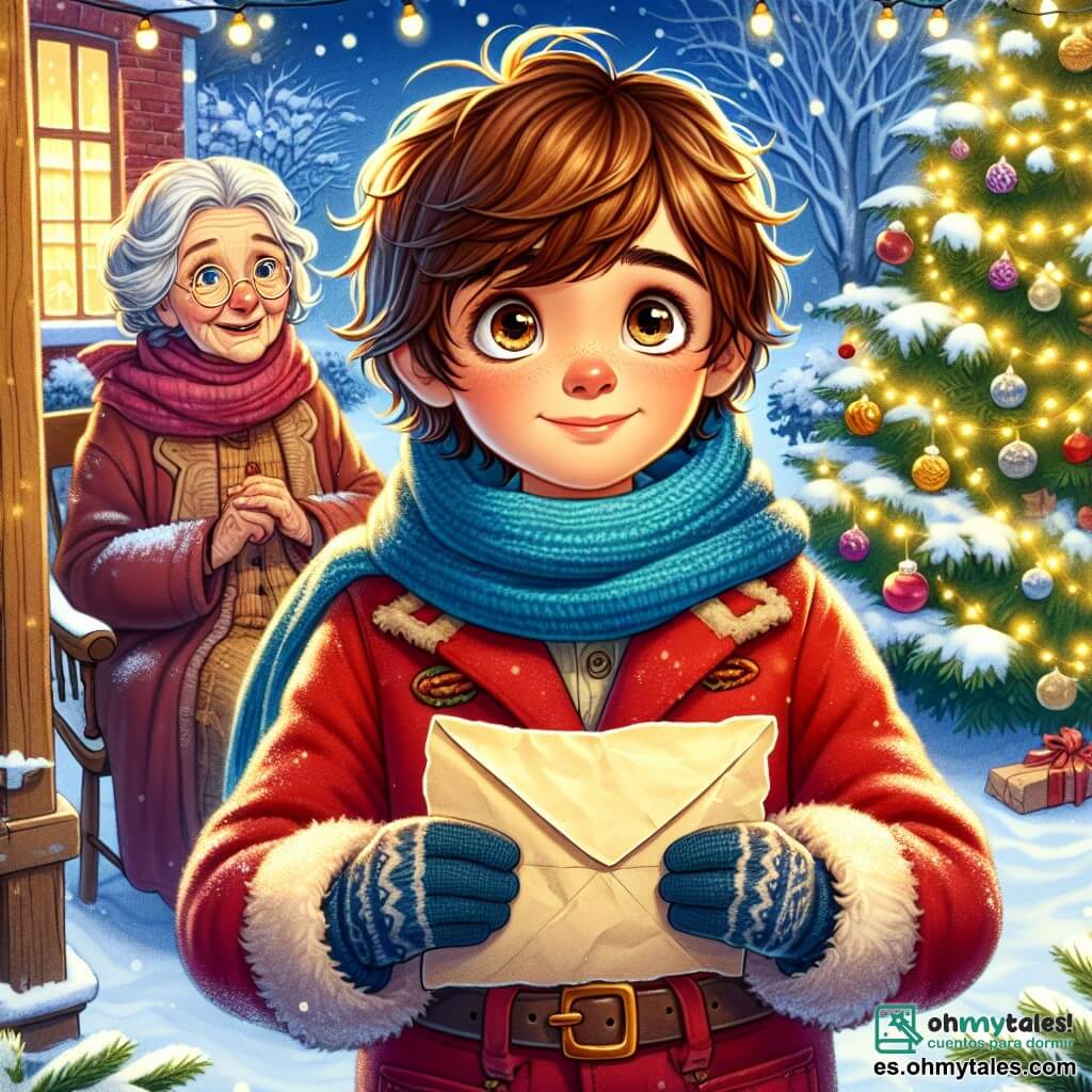 Un niño de 11 años, Lucas, con cabello castaño y ojos llenos de curiosidad, se encuentra en el centro de la imagen, sosteniendo una carta amarillenta. Su rostro expresa emoción y asombro, vestido con un abrigo rojo brillante y una bufanda de lana azul. A su lado, su hermana pequeña Clara, de 7 años, con cabello rizado y una sonrisa radiante, lo observa con admiración, impaciente por conocer su aventura. En el fondo, su abuela, una mujer mayor con cabello plateado y gafas redondas, sonríe tiernamente, sentada en una silla de madera, rodeada de decoraciones navideñas brillantes. La escena tiene lugar en un jardín nevado, con la nieve cubriendo el suelo como un suave manto blanco. Luces brillantes adornan los árboles y un gran árbol de Navidad, decorado con bolas de colores y estrellas doradas, se erige majestuosamente junto a la casa de ladrillos rojos. Lucas, con una mirada decidida, está listo para aventurarse a entregar la carta a Papá Noel, mientras Clara y su abuela lo animan con sonrisas cálidas, creando una atmósfera mágica y alegre de Navidad.