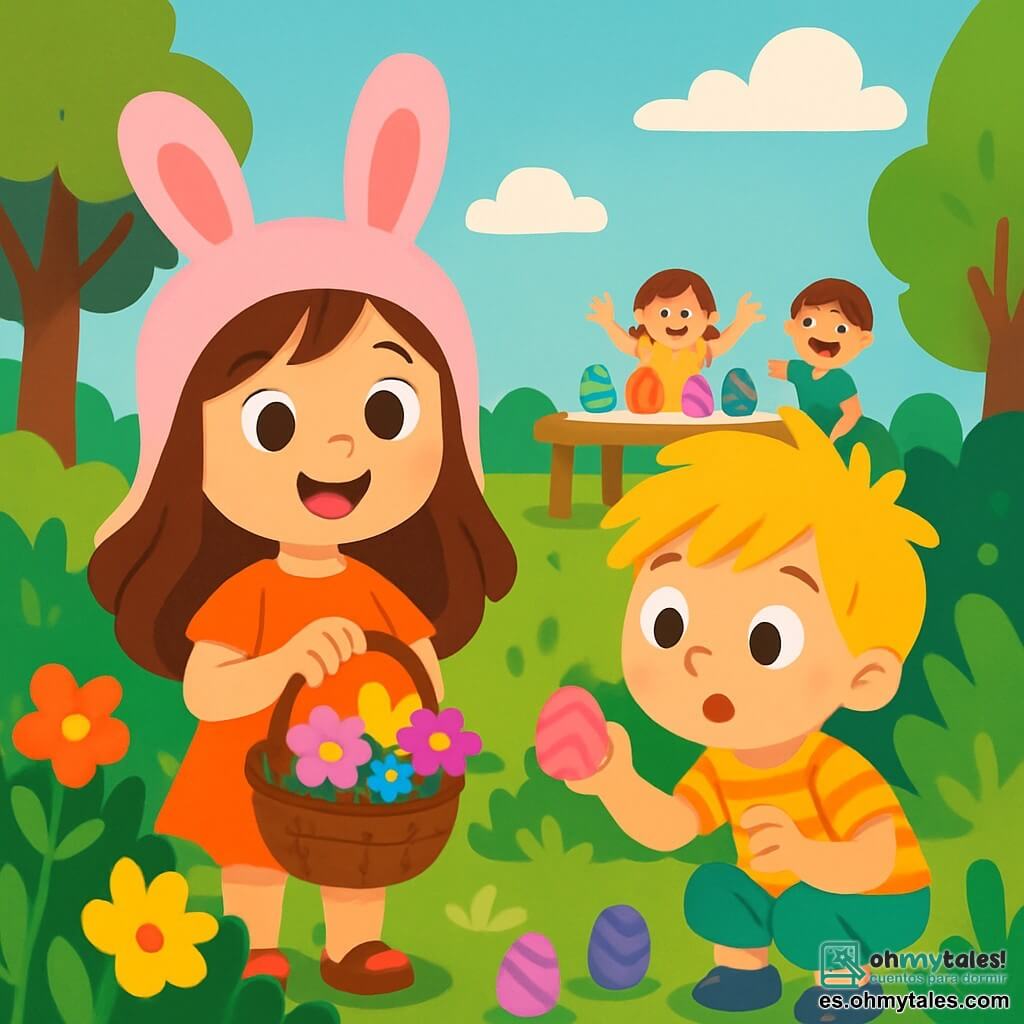 Una niña de 4 años, llamada Sofía, con largos cabellos castaños y ojos llenos de curiosidad, lleva un bonito sombrero de conejito rosa y sostiene una canastita llena de flores coloridas. Sonríe con emoción. Junto a ella, un niño de 5 años, su amigo Lucas, con cabello rubio desordenado y una camisa a rayas, busca huevos escondidos en el jardín, sorprendido. El jardín está lleno de flores brillantes, arbustos verdes y árboles majestuosos, bajo un cielo azul claro con nubes blancas. En el centro, una mesa decorada con huevos pintados de colores vivos está rodeada de niños alegres. Sofía y Lucas están en busca de los huevos de Pascua perdidos, siguiendo una pista misteriosa a través de las flores y risas.