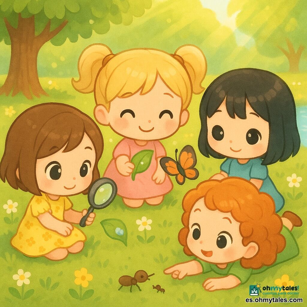 Hay cuatro niñas de unos 4 años: una morena de cabello corto con un mechón, vestida con un vestido amarillo de flores, sentada a la izquierda sosteniendo una pequeña lupa sobre una gota de rocío; una rubia con coletas y vestido rosa, al centro-izquierda sonriendo mientras muestra la hoja; una de cabello negro liso con vestido azul, al centro-derecha con una marioneta de mariposa sobre la pierna observando las alas; y una pelirroja rizada con vestido verde a la derecha tumbada en la hierba señalando una pequeña hormiga que lleva una hoja. Están en un parque primaveral luminoso con césped verde salpicado de flores, un tronco de árbol al fondo izquierdo y una pequeña charca a la derecha que refleja el cielo; comparten la lupa en círculo sobre la hierba observando gotas de rocío, pétalos, la hormiga y la mariposa, con una atmósfera tierna, colores pastel y expresiones de asombro.