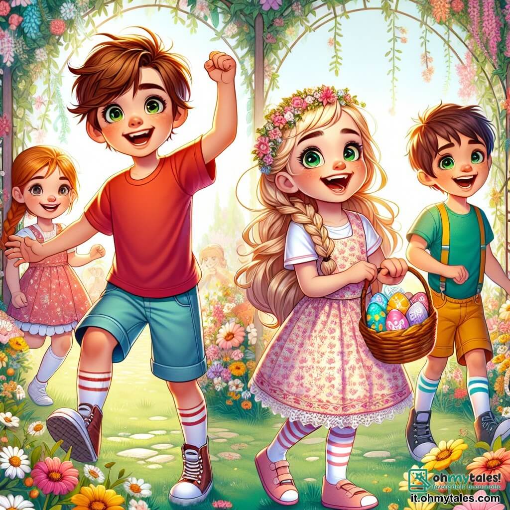 In un giardino incantato, quattro bambini sono riuniti: **Luca**, un ragazzo di 8 anni con capelli castani disordinati, indossa una maglietta rossa e pantaloni blu, in piedi al centro con le braccia alzate in segno di vittoria e un grande sorriso; **Elena**, una ragazza di 7 anni con lunghi capelli biondi intrecciati, a destra, indossa un vestito rosa a fiori e tiene un piccolo cesto pieno di ovetti colorati, con gli occhi brillanti di eccitazione; **Marco**, un ragazzo di 6 anni con capelli castani e occhiali rotondi, a sinistra di Luca, indossa una maglietta verde e pantaloni gialli, ridendo gioiosamente mentre mostra un ovetto appena trovato; **Sara**, una ragazza di 7 anni con capelli castani e occhiali, dietro Elena, indossa una camicia blu e pantaloni bianchi, mentre indica un grande albero magico dietro di loro. Il giardino è pieno di fiori dai colori vivaci, con farfalle che volano intorno. Al centro, una grande quercia maestosa con rami carichi di foglie verdi ospita un passaggio segreto illuminato da lucciole scintillanti. I bambini hanno appena scoperto un passaggio segreto sotto l'albero, dove sono stati accolti da un adorabile Coniglio di Pasqua, pronto a condurli verso una festa piena di dolcetti e sorprese.