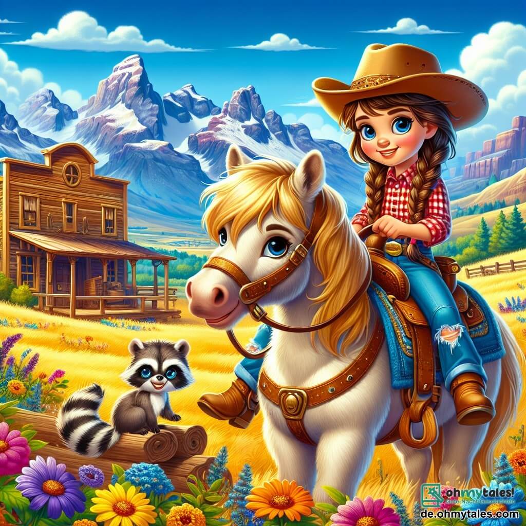 Ein junges Cowgirl, Lilly, etwa 10 Jahre alt, sitzt auf ihrem Pferd, einem wunderschönen Pony namens Sternchen. Sie hat lange, geflochtene braune Haare, ein entschlossenes Lächeln und neugierige, funkelnde Augen. Sie trägt einen beigen Cowboyhut, ein rotes kariertes Hemd und zerrissene Jeans und hält die Zügel ihres Pferdes fest in der Hand. Neben ihr steht ihr bester Freund Ben, ein kleiner, schelmischer Waschbär, der auf dem Rücken von Sternchen sitzt und einen schelmischen Gesichtsausdruck hat. Die Szene spielt in einer goldenen Wiese, die mit bunten Wildblumen übersät ist, unter einem strahlend blauen Himmel. In der Ferne sind majestätische Berge und ein alter Holzsaloon zu sehen, dessen Farbe abblättert. Lilly und Ben schauen aufmerksam um sich, bereit, sich auf das Abenteuer zu begeben, um das gestohlene wertvolle Hufeisen zu finden. Die Atmosphäre ist voller Aufregung und Geheimnis, während sie sich darauf vorbereiten, das Rätsel zu lösen, das über ihrer kleinen Stadt schwebt.