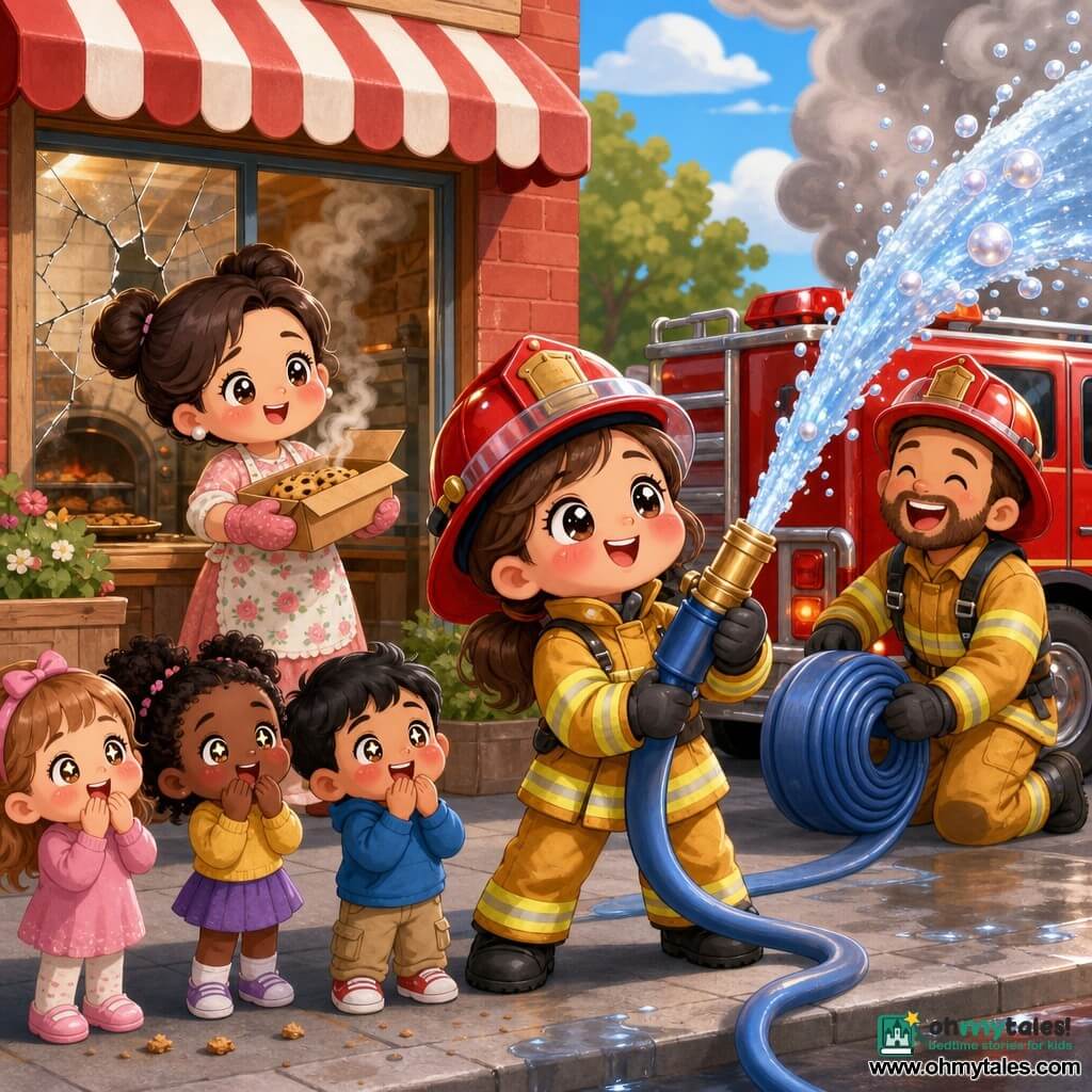 A smiling, brave female firefighter with a round face, rosy cheeks, shiny red helmet and yellow jacket with reflective stripes holds a large blue hose spraying a sparkling arc of water and looks determinedly at the smoke; beside her to the right Max, an adult male firefighter with a light beard in a matching uniform, laughs as he helps unroll the hose near a shiny red truck; Mrs. Baker, an adult baker with her hair in a bun and a floral apron, stands relieved in front of her bakery’s cracked window holding a steaming box of cookies; three children (two girls and a boy, about six) stand to the left on the sidewalk with hands over their mouths and wide, starry eyes admiring the scene; the setting is a small red-brick bakery with a striped red-and-white awning, crumbs and a tray of cookies on an outdoor table and light gray smoke rising from the oven; the firefighter wets the invisible flames near the oven with water drops that glitter like pearls while the red truck flashes behind, everyone smiling in a safe, warm atmosphere.