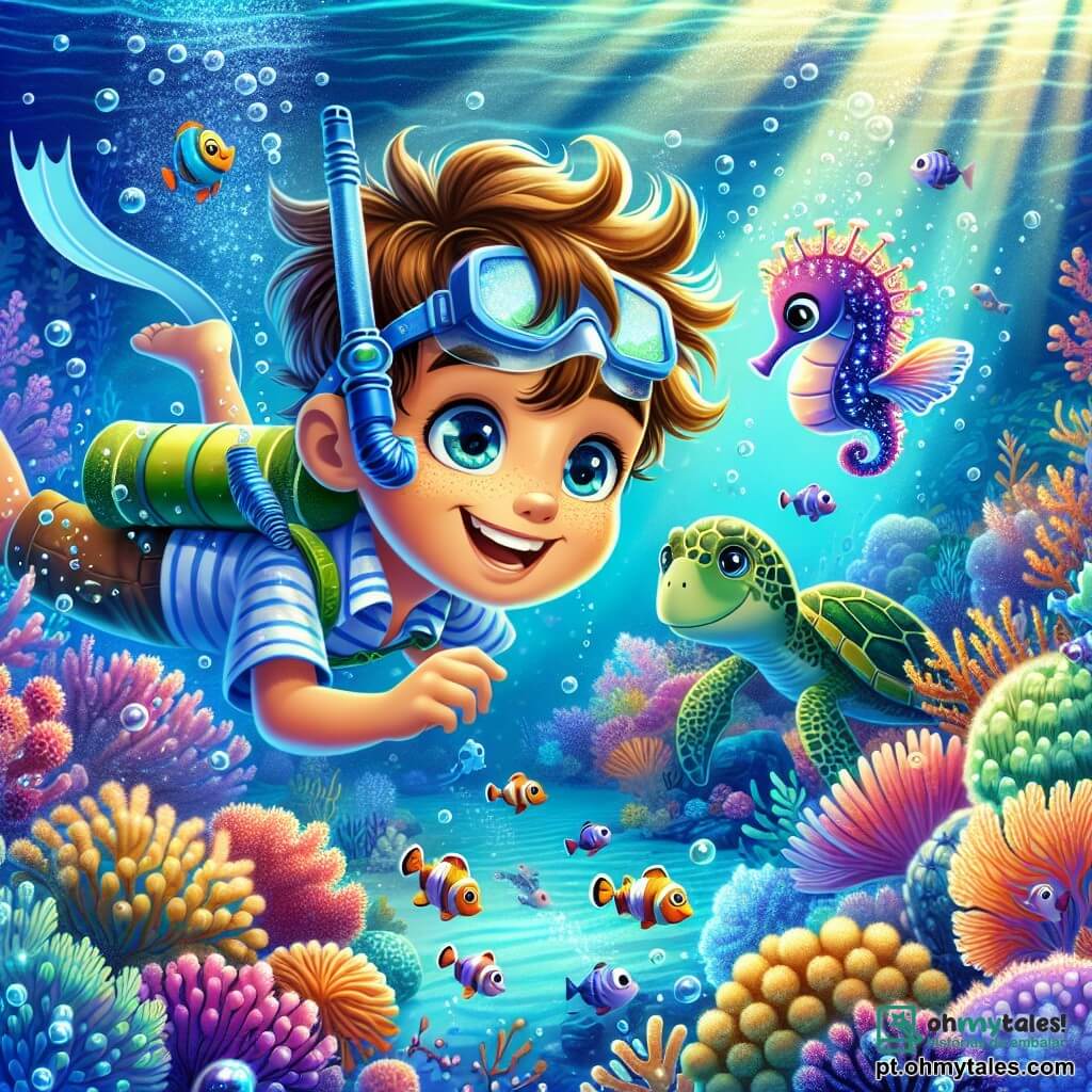 Um menino de 6 anos, Lucas, com cabelo castanho bagunçado e olhos brilhantes de curiosidade, nada alegremente em uma água cristalina, usando uma máscara de mergulho azul e um snorkel. Ele sorri amplamente, maravilhado com as belezas submarinas ao seu redor. Ao seu lado, um pequeno cavalo-marinho chamado Zeca, com cores vibrantes e nadadeiras delicadas, flutua alegremente, mostrando a Lucas o caminho para um jardim de corais. Um pouco mais longe, uma grande tartaruga marinha, Tita, com uma carapaça verde e olhos suaves, os observa com benevolência, pronta para guiá-los em sua aventura. O local é um lindo jardim submarino, repleto de corais coloridos em forma de flores, peixes multicoloridos dançando ao redor deles e raios de luz filtrando pela superfície da água, criando uma atmosfera mágica. A cena principal mostra Lucas, Zeca e Tita explorando juntos este mundo fascinante, descobrindo tesouros escondidos e se divertindo entre as criaturas marinhas.