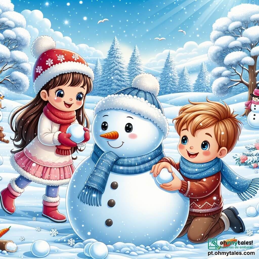 Em uma paisagem de inverno, três crianças brincam na neve. Ana, uma menina de 8 anos com longos cabelos castanhos e um gorro vermelho, sorri segurando uma bola de neve. Ao lado dela, Pedro, um garoto de 9 anos com cabelos loiros bagunçados e um cachecol azul, rola uma grande bola de neve para o corpo do boneco de neve. Um pouco mais adiante, Luísa, uma menina de 7 anos com cabelos negros e bochechas rosadas, procura pedras para os olhos do boneco de neve. O cenário é encantador: um vasto campo coberto por uma espessa camada de neve brilhante sob o sol de inverno, com árvores cujos galhos estão carregados de neve e um céu azul claro. As crianças riem e se divertem, construindo juntas um boneco de neve, dando-lhe vida com uma cenoura para o nariz e pedrinhas para os olhos, simbolizando a alegria e a amizade no inverno.