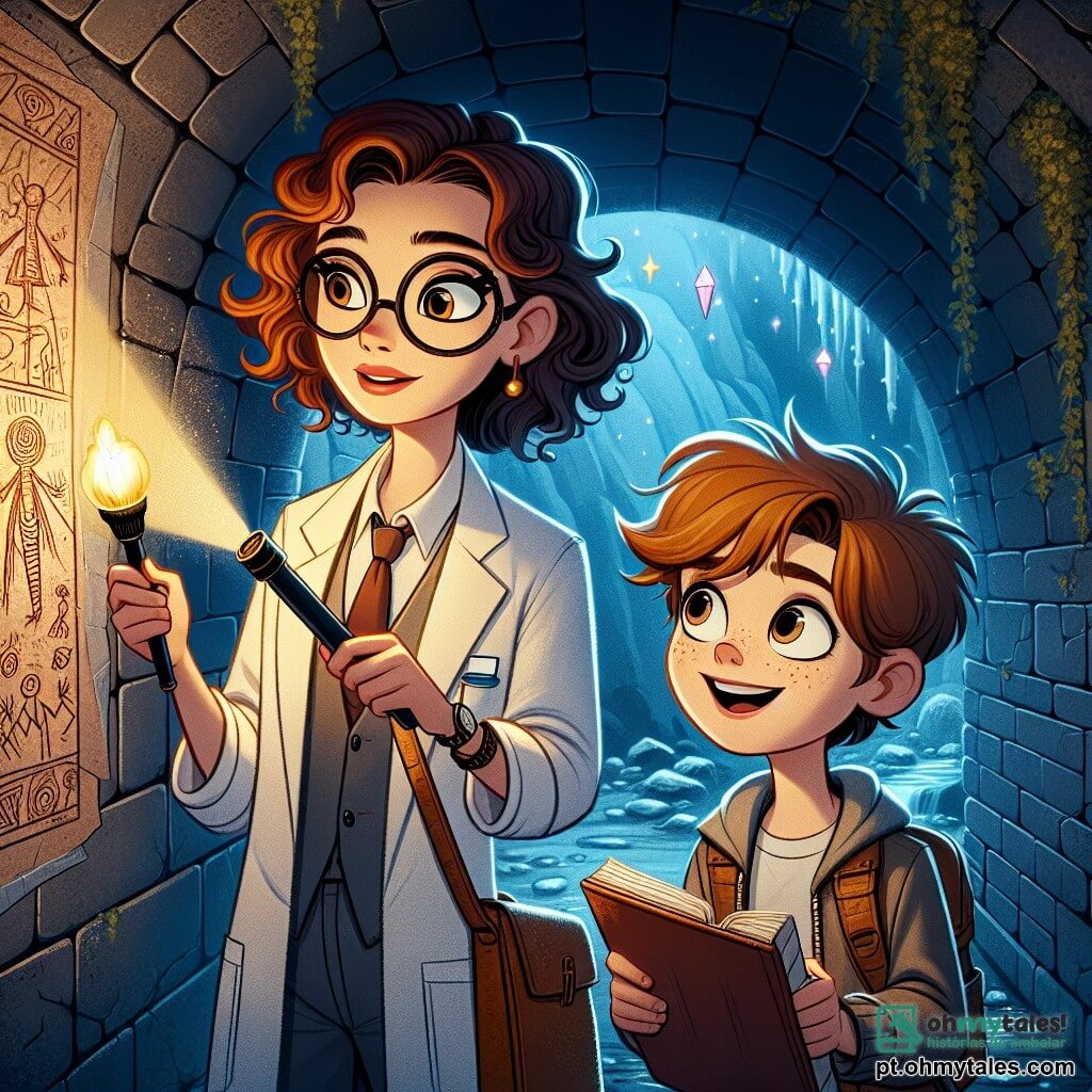 Clara, uma jovem com cabelos castanhos e cacheados, usa um jaleco de cientista e óculos. Ela demonstra grande curiosidade e admiração enquanto segura uma lanterna, iluminando desenhos antigos nas paredes dos túneis. Ao seu lado, Léo, um garoto de dez anos com cabelos loiros bagunçados e um sorriso travesso, observa atentamente as imagens, com os olhos brilhando de excitação. O ambiente é um túnel escuro e misterioso, com paredes de pedra cobertas de hera, onde cristais coloridos brilham como estrelas na penumbra. A cena transmite uma atmosfera de aventura e descoberta, enquanto Clara e Léo exploram este lugar secreto, prontos para revelar os mistérios escondidos de sua cidade.