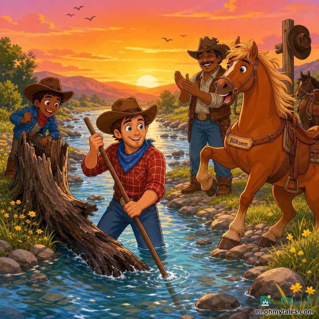 Een ongeveer 30-jarige cowboy, rond glimlachend gezicht, lichte huid, grote blauwe ogen en beginnende baard, draagt een brede bruine hoed, rood geruit hemd, blauwe bandana en leren laarzen; hij staat tot zijn knieën in het water en peilt met een lange houten stok de rivier. Een ongeveer 12-jarige jongen met kort kastanjebruin haar en sproeten draagt een kort spijkerjasje en laarsjes, glimlacht en moedigt vanaf de linkeroever aan, een paar stappen achter een grote half ondergedompelde boomstronk. Een ongeveer 45-jarige brede joviale cowboy met dunne snor, bruine leren gilet en versleten hoed staat op de rechteroever bij een groep paarden en applaudisseert naast een houten paal waaraan een hoed hangt. Het paard Bliksem, glanzend voskleurig met wapperende manen en zachte blik, staat op de voorgrond op de oever en hinnikt vrolijk. De brede, heldere rivier weerspiegelt de gouden zonsondergang, met zichtbare stroming, kleine golven en keien onder water; een grote halfondergedompelde stronk bij het midden. Warme, lichte sfeer met oranje en roze avondkleuren, groene oevers met gele bloemen en enkele vogelzwarte silhouetten. Hoofdsituatie: de held-cowboy test voorzichtig de diepte terwijl zijn vrienden vanaf de oever aanmoedigen; trots en kameraadschap, duidelijke, leesbare compositie voor kinderen, nette details en eenvoudige vormen.