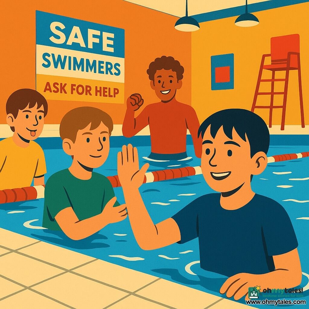 Four 12-year-old boys in an indoor public pool: Malik, short wet black hair, navy swimsuit, relieved proud expression, right hand on the tiled wall of the deep pool at the back right, body still in the water; Jonah, light brown hair, calm smiling face, green swimsuit, slightly left of Malik in the water, looking at Malik with a raised hand of encouragement; Hugo, curly brown hair, confident wide smile, red swimsuit, standing in the water behind Malik, fist tapping the surface in a small celebratory gesture; Theo, straight brown hair, playful encouraging expression, yellow swimsuit, at the far left near the shore making a funny face. Vivid blue water with white highlights, black lane lines, wet cream tiles, red-and-white lane ropes, a red lifeguard chair high at the back, colorful posters on the wall reading “SAFE SWIMMERS ASK FOR HELP,” halogen lights reflecting on the water. Main scene: a calm triumphant moment as Malik reaches the deep pool wall supported by his three friends — modest victory mood, bold contrasting colors, simple rounded features, flat color composition, clear warm expressions.