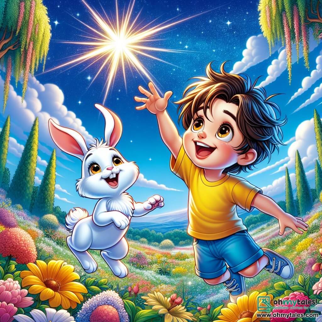 A 6-year-old boy named Leo, with messy brown hair and sparkling curious eyes, stands in the center of the image. He wears a bright yellow t-shirt and blue shorts, displaying a big smile of wonder as he looks at a twinkling star in the sky. Next to him is his best friend, Bella, a small white rabbit with big ears, joyfully hopping with excitement in her bright eyes. The setting is a beautiful garden filled with colorful flowers under a clear blue sky dotted with fluffy clouds. In the distance, majestic trees sway gently in the wind. The main scene shows Leo and Bella raising their arms towards the sky, amazed by the beauty of the intensely shining star above them, symbolizing their quest for happiness and truth.