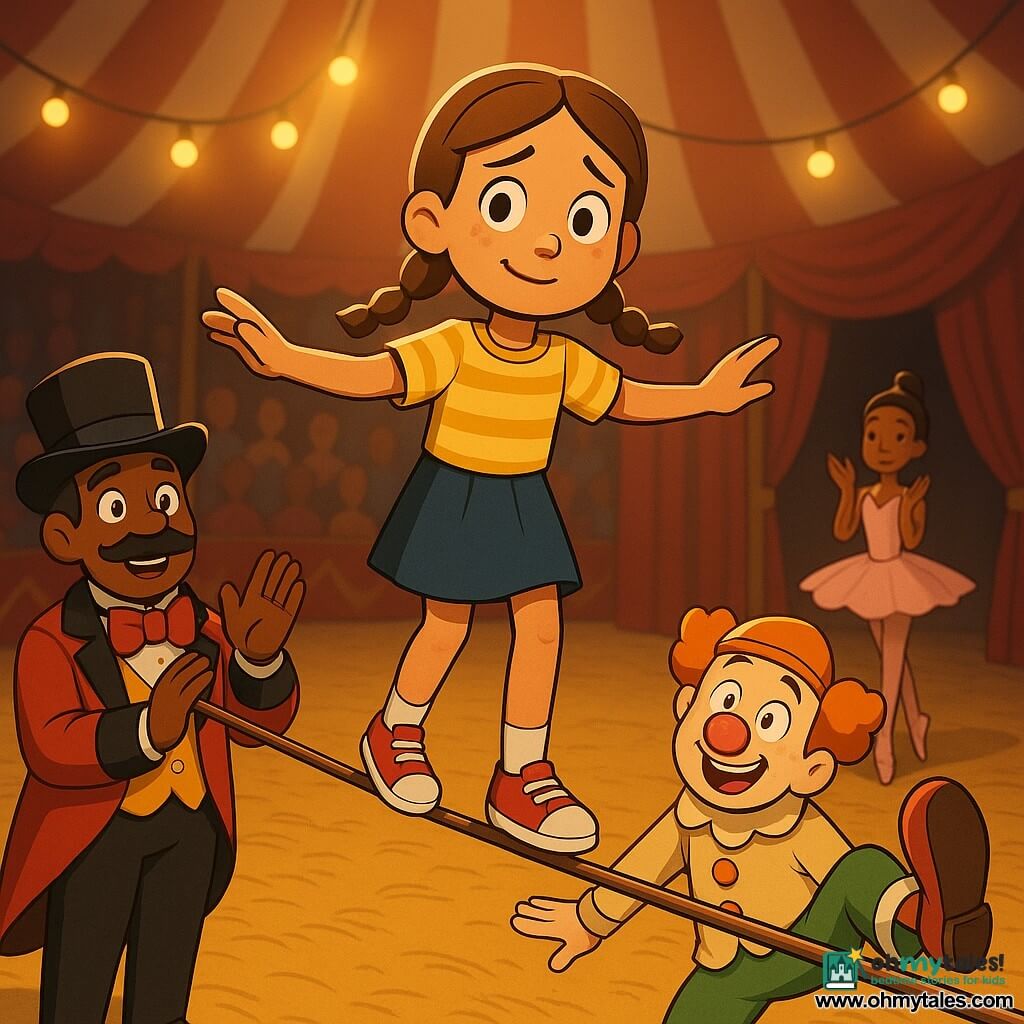 Lily, a timid 10-year-old with light brown braided hair blowing and wide eyes, nervously takes her first step on a shining tightrope with arms outstretched; to the left Mr. Bumbles, a mustached 50-year-old ringmaster in a big red bow tie, smiles and raises his hand encouragingly, while to the right Chuckles, a 30-year-old clown with a red nose and oversized shoes, performs a comic tumble watching Lily, and behind her Miss Twinkletoes, a 25-year-old ballerina in a pink tutu, stands poised on tiptoe ready to applaud, all under the red-and-white big top with warm lights, amber straw, red velvet curtains and a blurred colorful audience, creating a joyful, slightly wobbly moment with vivid colors, strong contrasts and soft cel-shaded textures.