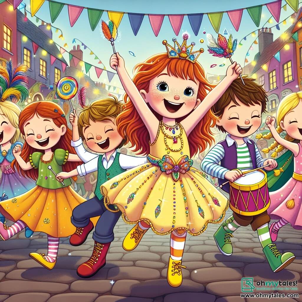 In a joyful carnival scene, six friends stand together in the middle of a lively street. Emma, an 8-year-old girl with curly red hair, wears a bright yellow dress and a big smile, dancing energetically while holding a sparkling magic mask. Leo, a 9-year-old boy in shiny blue shoes and messy brown hair, jumps for joy next to Emma with his arms raised to the sky. Mia, a 7-year-old girl in a rainbow dress, twirls gracefully with her arms open like butterfly wings. Sam, an 8-year-old boy with glasses and blonde hair, makes funny faces, drawing laughter from the children around him. Tilly, a 9-year-old girl with braided black hair and a colorful bead necklace, lights up as she adds feathers to her costume. Benny, an 8-year-old boy with brown hair and a drum in hand, joyfully keeps the beat, encouraging everyone to dance. The backdrop is a vibrant Funlandia street, decorated with colorful banners, floating balloons, and sweet treat stands. The sky is bright blue with fluffy white clouds, and fireworks begin to light up the horizon. The main scene shows the friends sharing the magic mask with carnival children, creating an atmosphere of joy and magic as they dance together amidst laughter and vibrant colors.