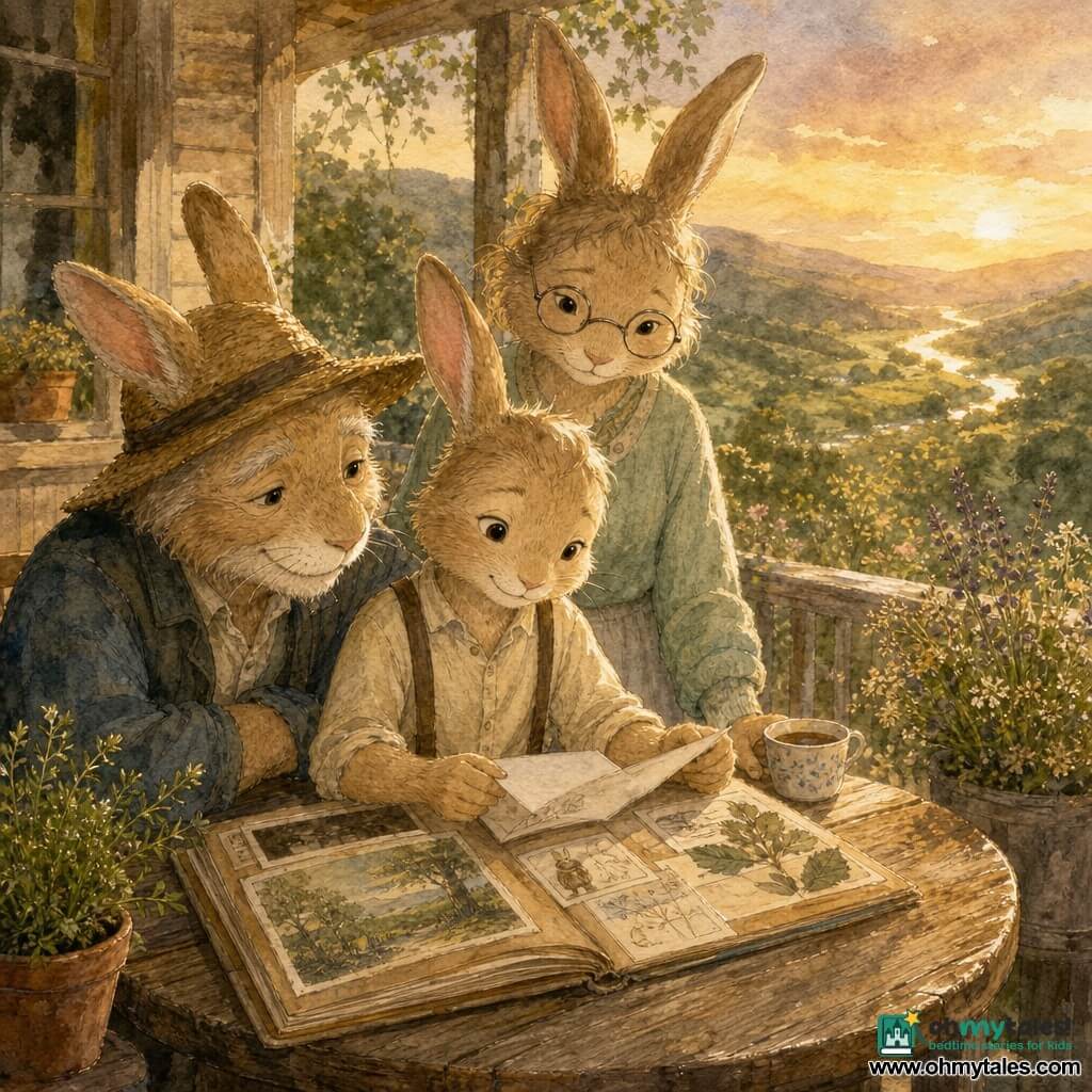 Milo, a young anthropomorphic rabbit with floppy ears and light beige fur, looks softly nostalgic with a slight smile as he holds an open folder of photos and drawings with a slightly dog-eared sheet between his paws; Grandpa Rowan, an old rabbit with silver whiskers and a straw hat, sits to Milo’s left smiling warmly and leaning on the folder, while Aunt Juniper, a rabbit woman with round glasses and a mint-green sweater, stands behind him with a cup of tea nearby; the scene is on a weathered wooden veranda with a round table, plank floor, pots of thyme and wildflowers, and a wide view of green hills and a sparkling stream, bathed in golden evening light as Milo shows his drawings and photos to his family, creating a calm, warm atmosphere with muted colors and visible paper textures.
