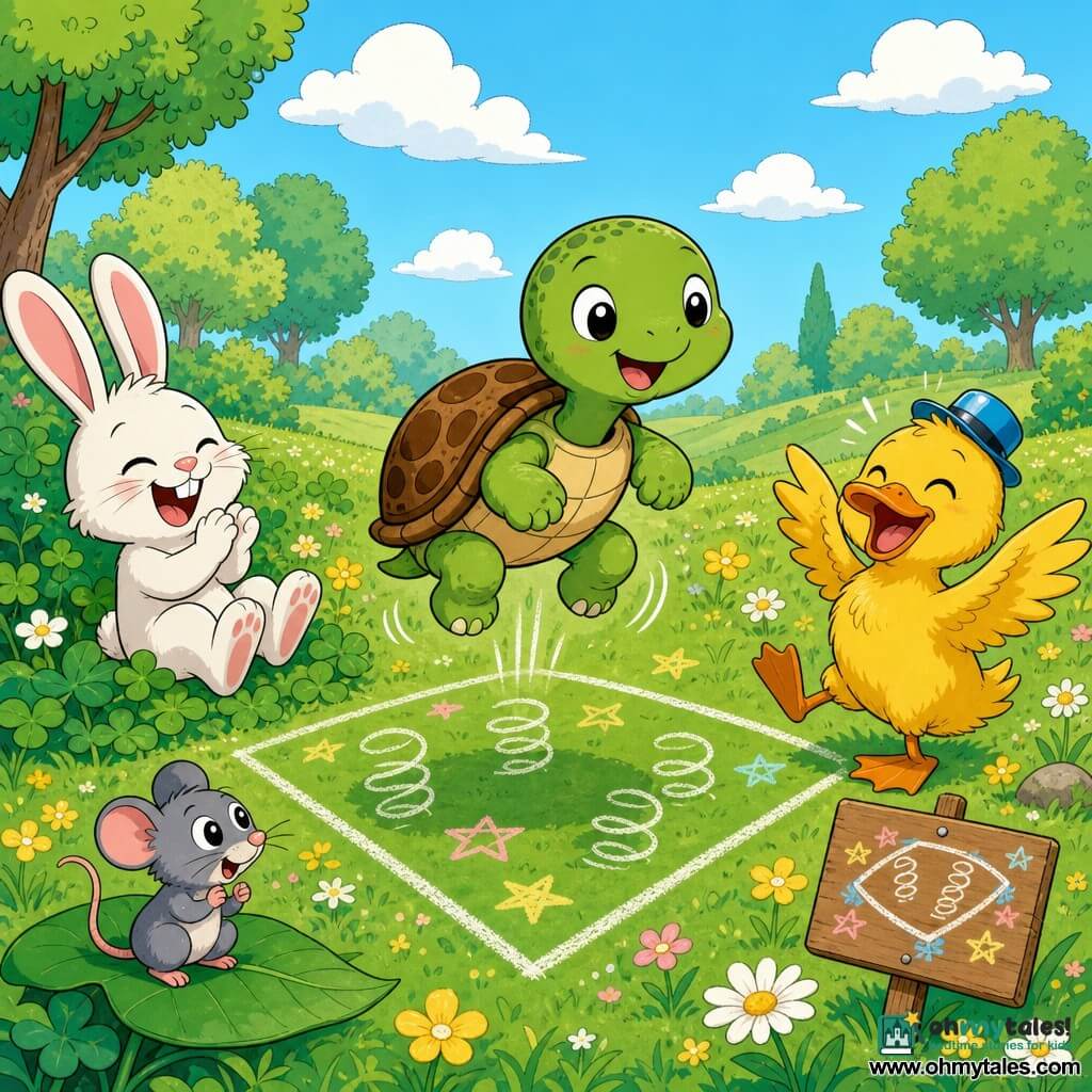 A small green turtle with a rounded snout and speckled brown shell, joyful and focused with shiny round eyes, gently bouncing on an imaginary trampoline drawn on the ground; to the left, a white rabbit with long pink ears (Benny) laughs with squinted eyes, clapping and tipping backward into clover; nearby on a leaf, a curious little gray mouse (Mina) with clasped paws ready to jump; to the right, a yellow duck wearing a small shiny hat (Dot) with ruffled feathers flaps its wings laughing; sunny meadow with soft green grass, yellow flowers and daisies, rounded trees in the background, light blue sky with fluffy clouds; on the ground a large chalk-drawn square with spiral springs, little star doodles and a naive "PLEASE BOING" sign; playful colorful scene, bright contrasts, soft lines and round shapes, simple clear perspective suitable for toddlers.