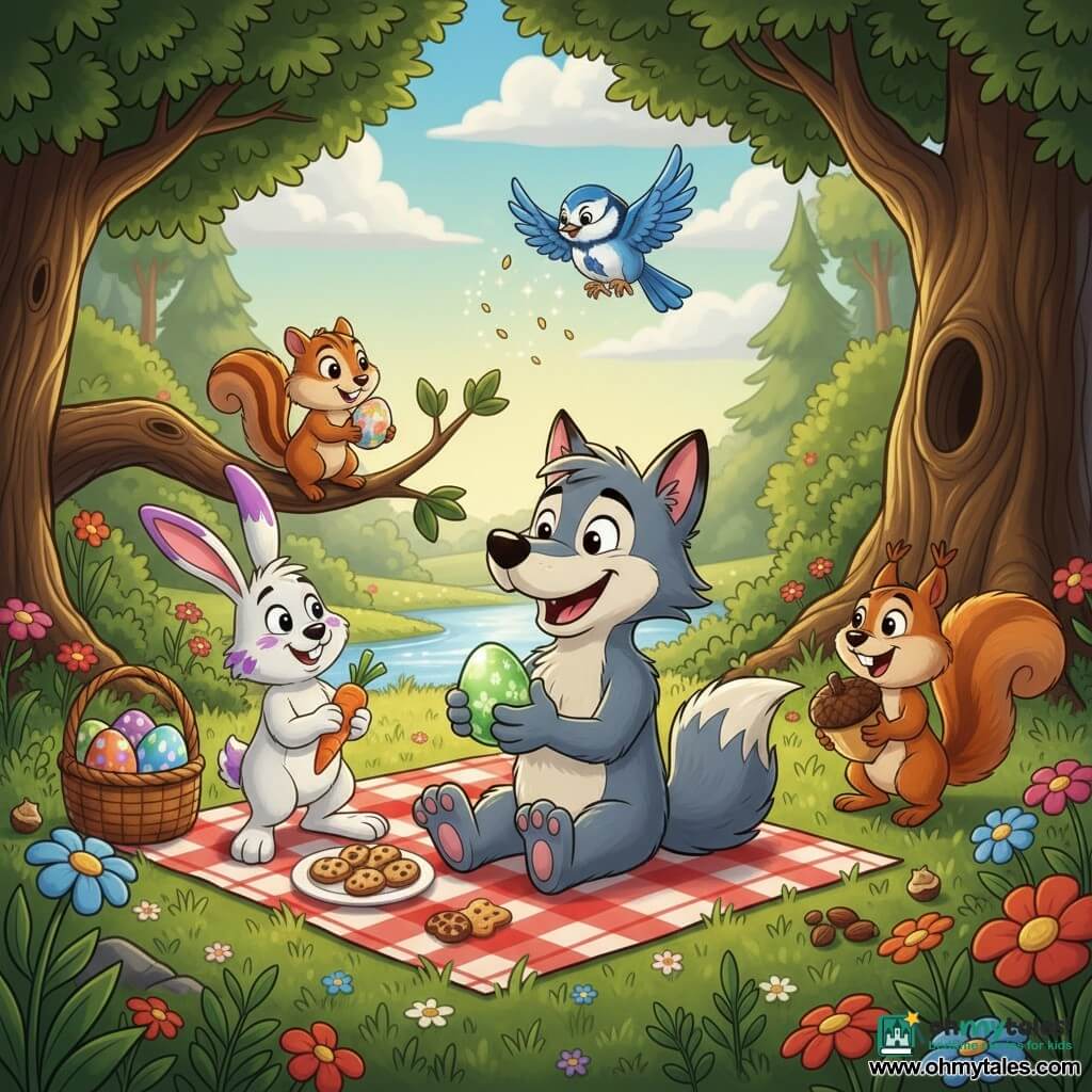Wally, a small playful gray wolf with floppy ears and a bushy tail, sits center holding a shiny green Easter egg and smiling at his friends; to his left Benny, a mischievous white rabbit with long pink ears stained with purple paint, stands on a picnic blanket holding a carrot; behind Wally on a low branch Clara, a tiny striped red chipmunk, proudly holds a small flower-painted egg; near a large oak to the right Sammy, a cheeky reddish-brown squirrel, crouches triumphantly brandishing an acorn-like egg; above them Bella, a grateful blue tit with slightly open wings, drops sparkling seeds; the scene is a sunny forest clearing with textured green grass, colorful flowers, a sparkling stream and dense trees under a blue sky, showing a warm festive post–Easter egg hunt picnic with scattered baskets, snacks and friendly laughter, in a saturated, soft-lit, cel-shaded, child-friendly style with rounded silhouettes.