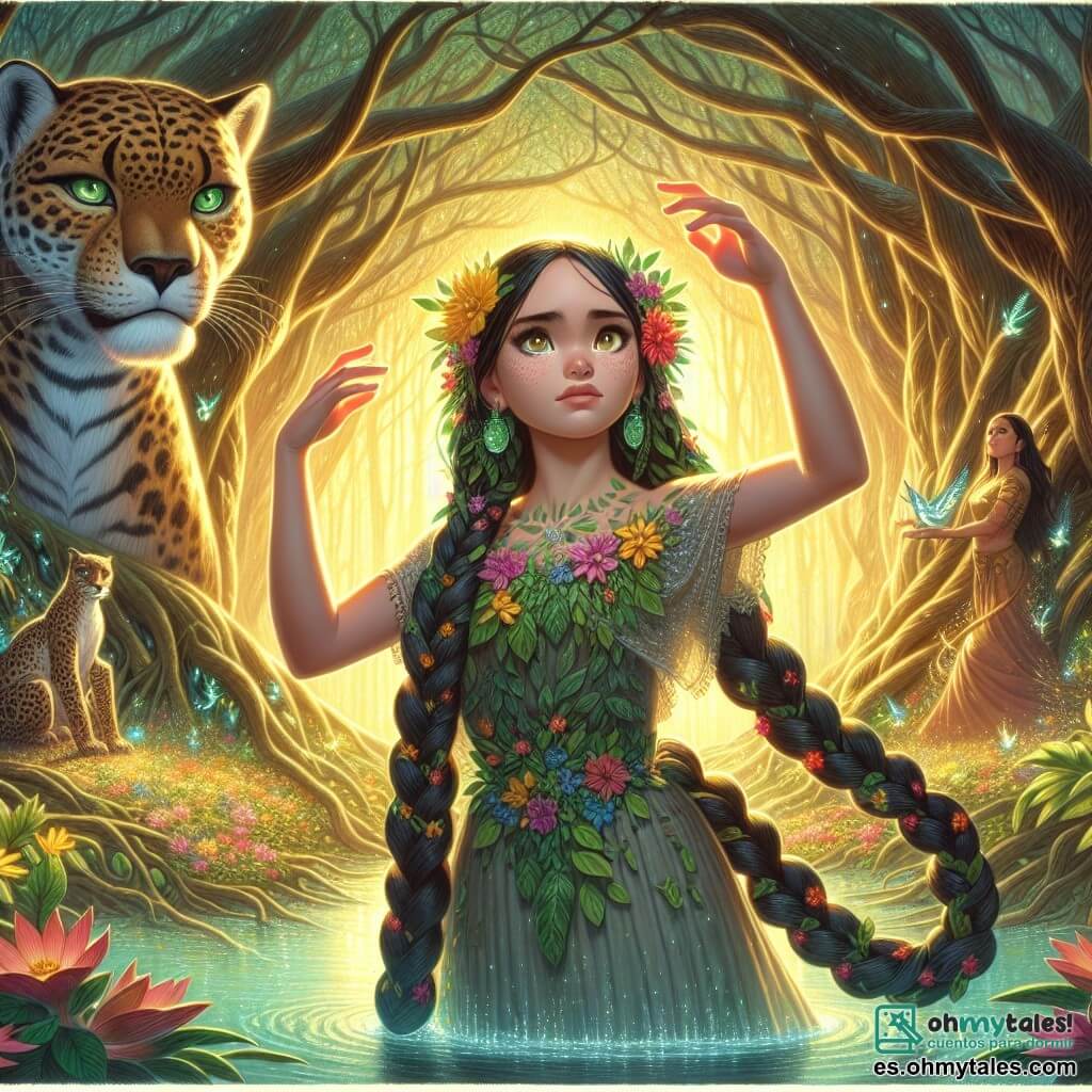 En el centro de la imagen, Xochitl, una joven de unos 16 años, se mantiene con determinación. Tiene largos cabellos negros trenzados adornados con flores coloridas, y sus ojos brillan con un destello dorado. Lleva un vestido ligero hecho de hojas y pétalos, que parece vibrar con la energía de la naturaleza. Levanta los brazos hacia el cielo, invocando la luz, con un rostro lleno de coraje y serenidad. A su lado, un majestuoso jaguar de ojos esmeralda, representando un guardián del bosque, se mantiene orgulloso y protector. En el fondo, se revela el Corazón del Mundo: un claro mágico bañado de luz dorada, rodeado de grandes árboles con troncos retorcidos y flores luminiscentes. Una fuente de agua cristalina brilla en el centro, emitiendo reflejos que danzan sobre el rostro de Xochitl. La escena principal muestra a Xochitl canalizando su poder, una energía luminosa emanando de sus manos, mientras destellos de luz se elevan a su alrededor, simbolizando la lucha contra la sombra amenazante que la rodea.