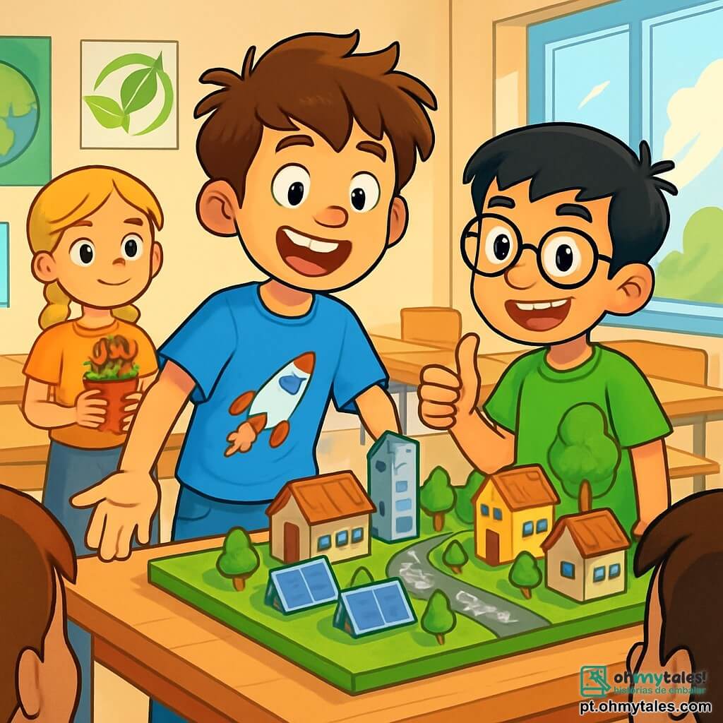 Um garoto de 12 anos, com cabelos castanhos bagunçados e olhos brilhantes de curiosidade, está diante de um modelo de cidade em miniatura, exibindo um largo sorriso de orgulho e excitação. Ele usa uma camiseta azul com um desenho de foguete e um jeans rasgado. Ao seu lado, seu amigo Miguel, também de 12 anos, com cabelos pretos e óculos redondos, o encoraja com um polegar para cima, vestindo uma camiseta verde vibrante. Ao fundo, Ana, uma garota de 11 anos com cabelos loiros trançados, observa admirada, segurando um pequeno vaso de flores que fez para o projeto. O local é uma sala de aula iluminada, decorada com pôsteres coloridos sobre ciências e meio ambiente, com mesas de madeira e janelas que deixam entrar a luz do sol. A cena principal mostra o grupo apresentando seu projeto de cidade sustentável, com painéis solares brilhantes e jardins em miniatura, enquanto um público curioso os escuta atentamente, criando uma atmosfera de entusiasmo e camaradagem.