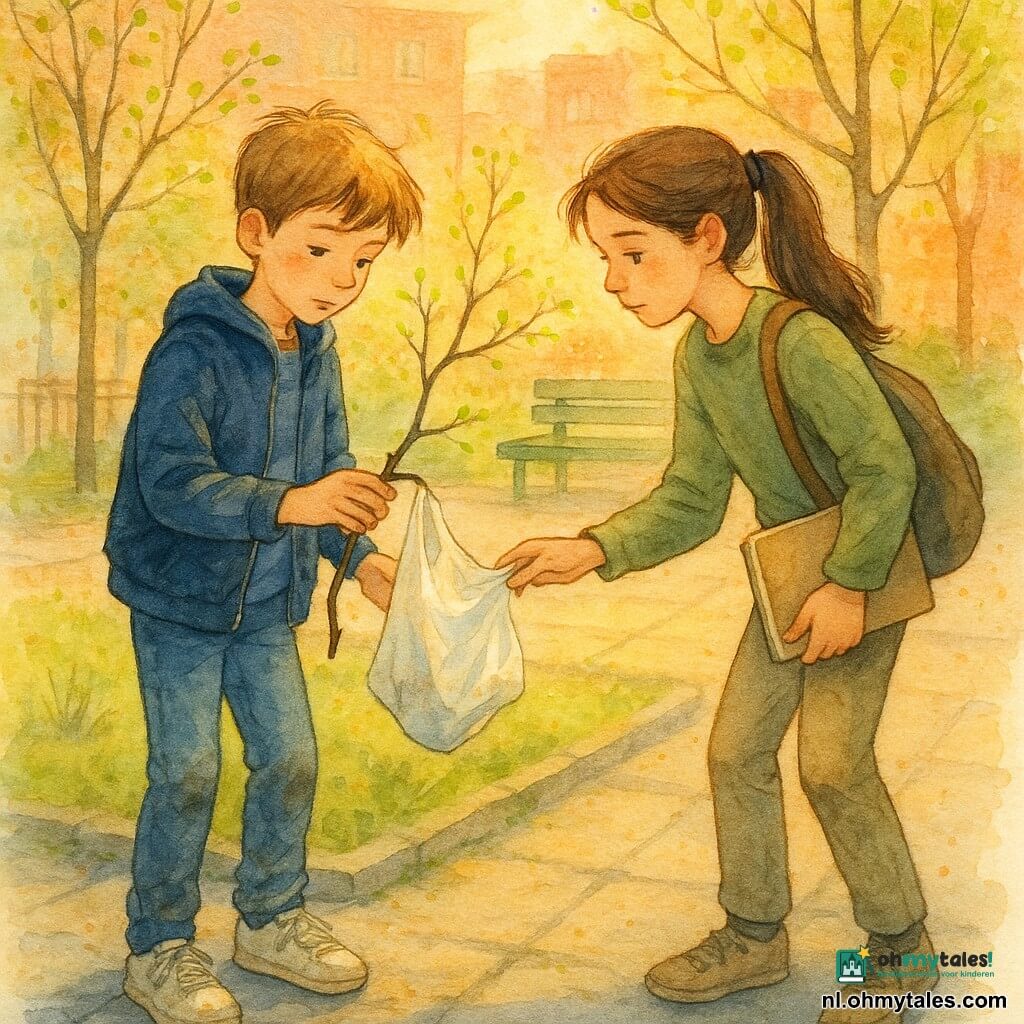 Twee kinderen van 11: Milo, lichtbruin kort en iets warrig haar, donkerblauw jasje, versleten jeans en met moddersporen bevlekte witte sneakers, houdt voorzichtig een takje vast en kijkt geconcentreerd naar een plastic zak iets links op de voorgrond; Ayla, lang bruin haar in een paardenstaart, lichtkaki trui, schoudertas en schetsboek in de hand, staat rechts gebogen naar Milo klaar de zak voorzichtig te grijpen, zachte serieuze blik; locatie: klein stedelijk pleintje met grijze platen, een dor grasveldje, drie fijne bomen met frisse knoppen, een lichtgroen bankje en vage rode bakstenen gebouwen in de achtergrond; hoofdactie: de kinderen halen voorzichtig een plastic zak uit een boomtak, rustige aandacht, aquarelachtige transparante lagen, lichte spatters bij de bladeren voor een zacht voorjaarsbriesje, zachte gouden namiddaglicht en lange schaduwen.