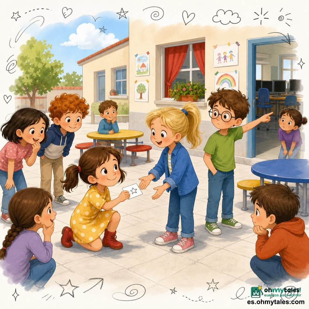 Una niña de 6 años, curiosa y radiante, se arrodilla para recoger un pequeño papel blanco con una estrella; lleva un vestido amarillo con lunares blancos, coletas castañas y botines rojos. Ana, de 6 años, aliviada y agradecida, extiende los brazos para recibir el ticket; tiene el cabello rubio en coleta y una cazadora azul, y está junto a la detective. Tomás, de 7 años, observador y pensativo, señala hacia la sala de informática; lleva gafas redondas y una camiseta verde. De fondo, la cantina y el patio de la escuela con suelo de losas claras, mesas coloridas, una pequeña ventana con cortina roja y dibujos de niños en la pared. Situación: la pequeña detective devuelve el ticket a su amiga bajo un cielo suave y luminoso, rodeadas de otros niños curiosos, con garabatos de lupa, estrellas y huellas superpuestos.