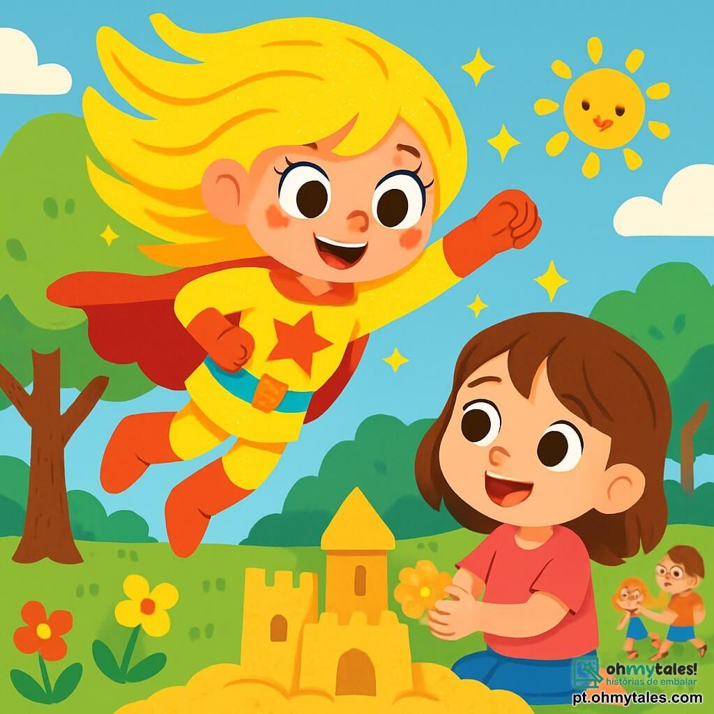 Uma super-heroína, Estrela Luminosa, é representada com cabelos brilhantes como o sol, olhos cintilantes e um traje reluzente de cores vivas. Ela sorri com uma expressão alegre e determinada, enquanto voa sobre um parque ensolarado. Ao seu lado, uma menina chamada Ana, de 7 anos, tem cabelos castanhos e olhos brilhantes. Ela está construindo um castelo de areia, com as mãos cheias de grãos dourados, e olha para Estrela Luminosa com admiração. O local é um parque verdejante, com grandes árvores de folhas vibrantes e flores coloridas que dançam ao vento. Crianças brincam ao redor, rindo e se divertindo. A cena principal mostra Estrela Luminosa sobrevoando o parque, pronta para ajudar Ana em sua construção, iluminando o lugar com sua luz acolhedora e trazendo uma atmosfera de alegria e aventura.