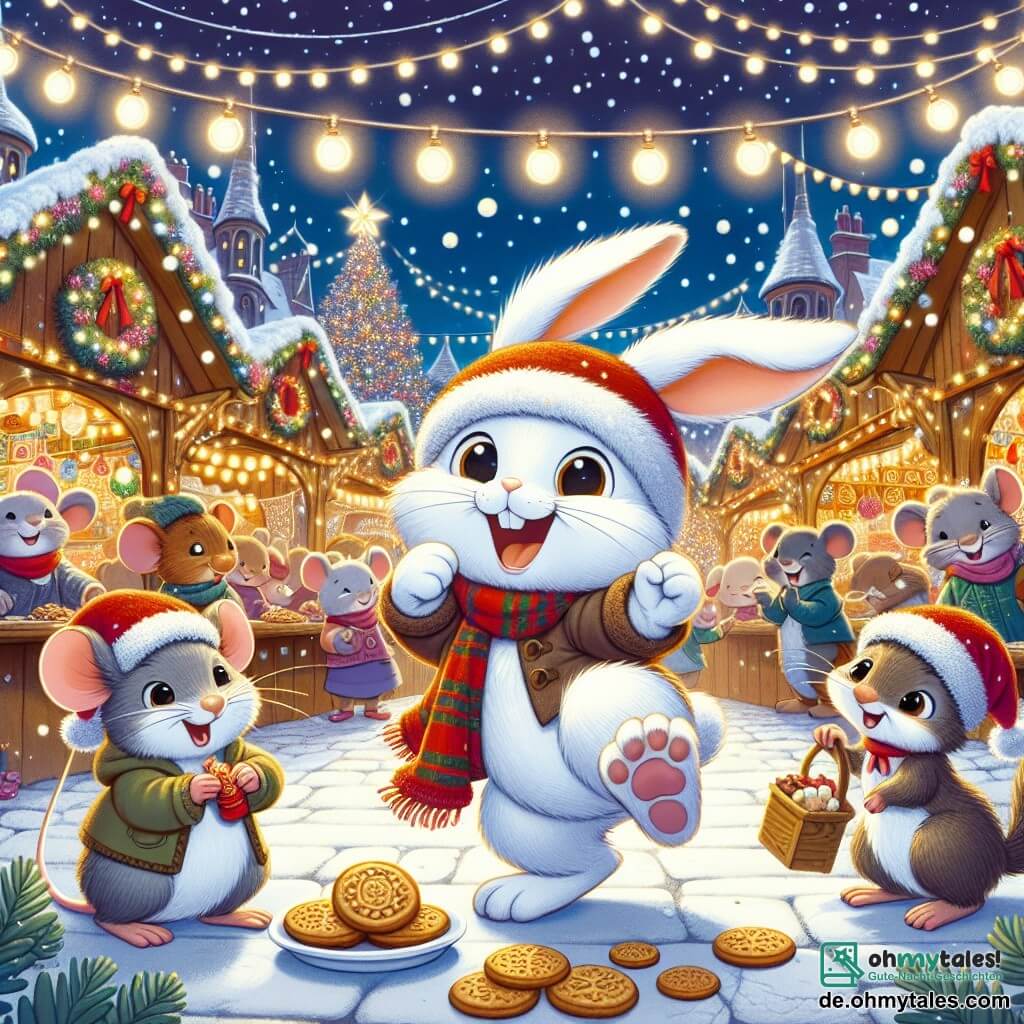 Ein kleiner Hase namens Felix mit einem weichen, weißen Fell, großen Ohren und funkelnden Augen tanzt auf einem Weihnachtsmarkt, umgeben von glitzernden Lichtern und bunten Dekorationen. Er lächelt breit und hält einen Teller mit köstlichen Keksen in seinen Pfoten. Neben ihm applaudiert eine kleine graue Maus mit einem roten Weihnachtsmannhut, ihre Augen leuchten vor Aufregung, während sie Weihnachtslieder singt. Ein braunes Eichhörnchen, das auf einem Baumast sitzt, schaut mit einem breiten Lächeln zu und hält eine Lichterkette, die es gerade aufhängt. Der Ort ist ein magischer Weihnachtsmarkt, gefüllt mit Holzständen, die mit Lichtern geschmückt sind, sanft fallenden Schneeflocken und einem großen, beleuchteten Weihnachtsbaum in der Mitte, der eine warme und festliche Atmosphäre schafft. Die Hauptszene zeigt Felix und seine Freunde, die zusammen feiern, tanzen und singen unter den funkelnden Lichtern, voller Freude und Weihnachtsgeist.