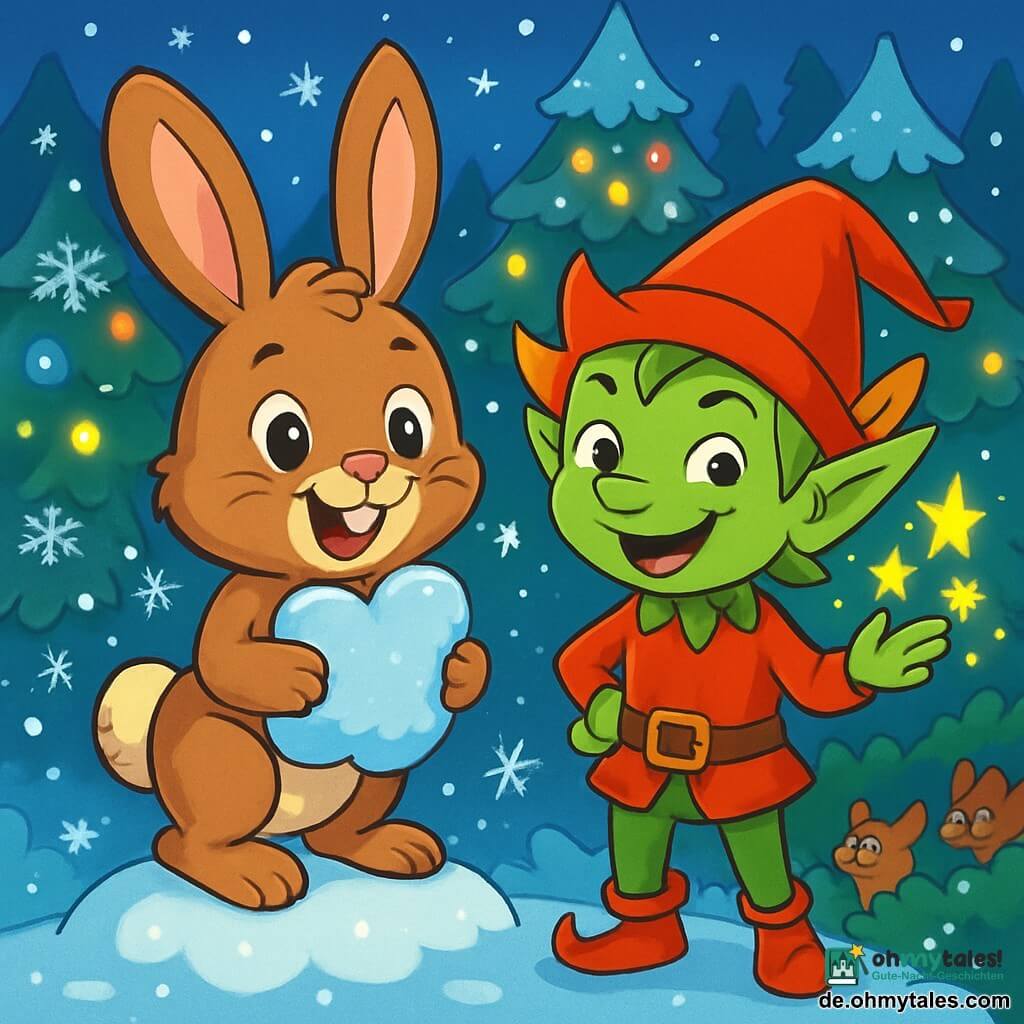 Hoppel, der kleine Hase mit großen Ohren, ist fröhlich und neugierig. Sein Fell ist weich und braun, und seine Augen leuchten vor Aufregung, während er sein kostbares Kissen in Wolkenform hält. Er steht auf einem kleinen Schneehügel, umgeben von funkelnden Schneeflocken. Neben ihm grinst der Schalksnarr, eine kleine Figur mit zerzausten Haaren und grüner Haut. Er trägt einen roten Spitzhut und glänzende Schuhe und macht mit funkelnden Sternen in seinen Händen Zaubertricks. Im Hintergrund erhebt sich ein verzauberter Wald mit schneebedeckten Bäumen und Weihnachtslichtern, die wie Sterne funkeln. Die Szene zeigt Hoppel und den Schalksnarr, die zusammen spielen, umgeben von Weihnachtszauber, während kleine neugierige Tiere sie aus den Büschen beobachten, ihre Augen sprühen vor Freude und Staunen.
