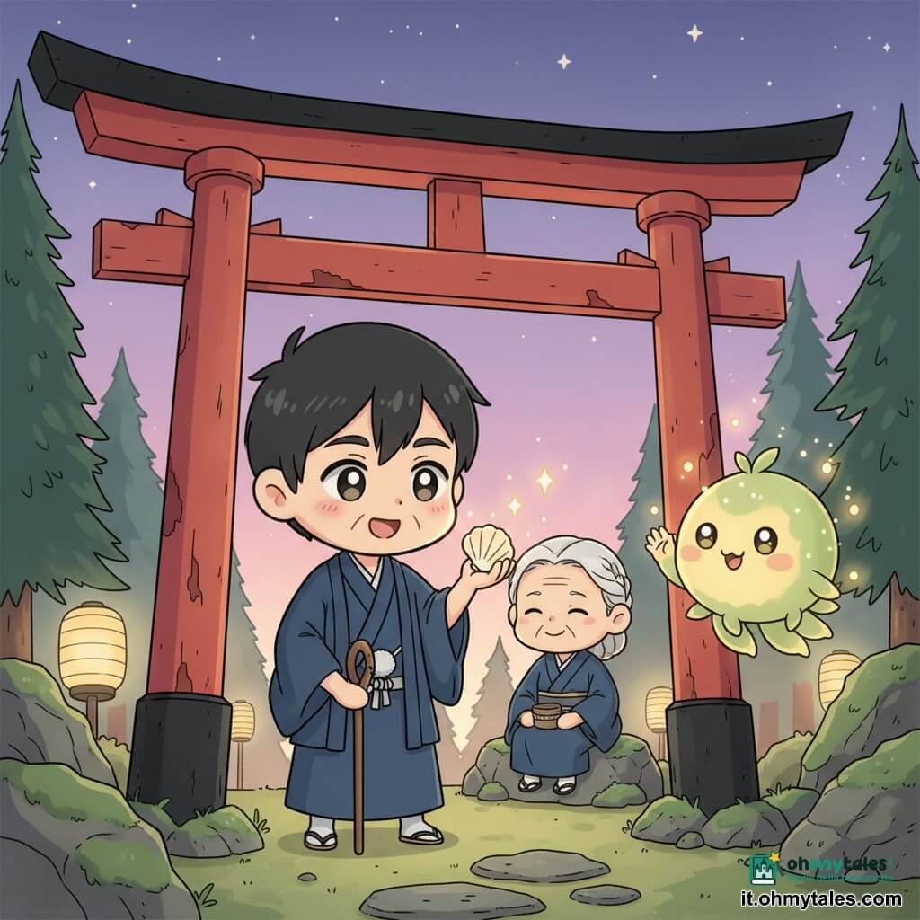 Ren, giovane uomo di circa 20–25 anni dal volto dolce e sorriso timido, capelli neri lisci, kimono blu scuro con maniche rimboccate, posa un bastone da pellegrino in legno chiaro ai piedi di un grande torii rosso e tiene una piccola conchiglia lucente cantando piano, postura calma ed emotiva, sguardo meravigliato; Hira, spirito guardiano delle soglie, piccolo essere non umano fatto di foglie verde chiaro e luce dorata, forma tondeggiante e occhi curiosi, fluttua a destra del torii salutando; Obaa del Vento, anziana dai capelli bianchi in treccia con kimono indaco, è seduta su una pietra sorridendo e con le mani su una piccola coppa di legno; luogo: ultimo torii ampio dalla vernice vermiglia leggermente scrostata, pietre mossose, cielo crepuscolare violetta-rosa punteggiato di stelle, cedri alti e lanterne di carta fioche; scena: momento commovente e sereno con luce calda e particelle luminose attorno alla conchiglia come note musicali visibili; stile: chibi kawaii, colori pastello saturi, contorni netti, texture di legno e tessuto visibili, espressioni esagerate e benevole, composizione centrata su Ren e il torii in atmosfera fiabesca giapponese.