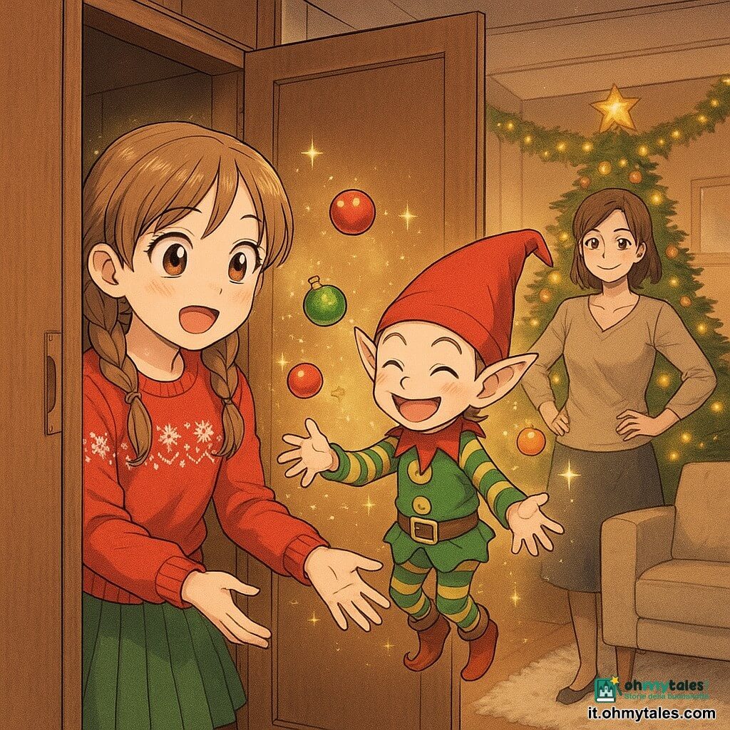 Una bambina di 10 anni emozionata e meravigliata, capelli castano chiaro a trecce, occhi grandi e luminosi, con maglione rosso di Natale e gonna verde, apre un armadio e porge la mano a un folletto birichino; il folletto, piccolo ed esuberante, pelle chiara, orecchie appuntite, berretto rosso e costume a righe verdi e oro, ride e fa levitare decorazioni natalizie; la madre sui 35 anni sorride con le mani sui fianchi vicino a un divano; il salotto è caldo e festoso con tappeto in pelliccia sintetica, lucine, un grande albero decorato e l'armadio che si apre su un mondo scintillante di stelle, creando un'atmosfera gioiosa e fiabesca.