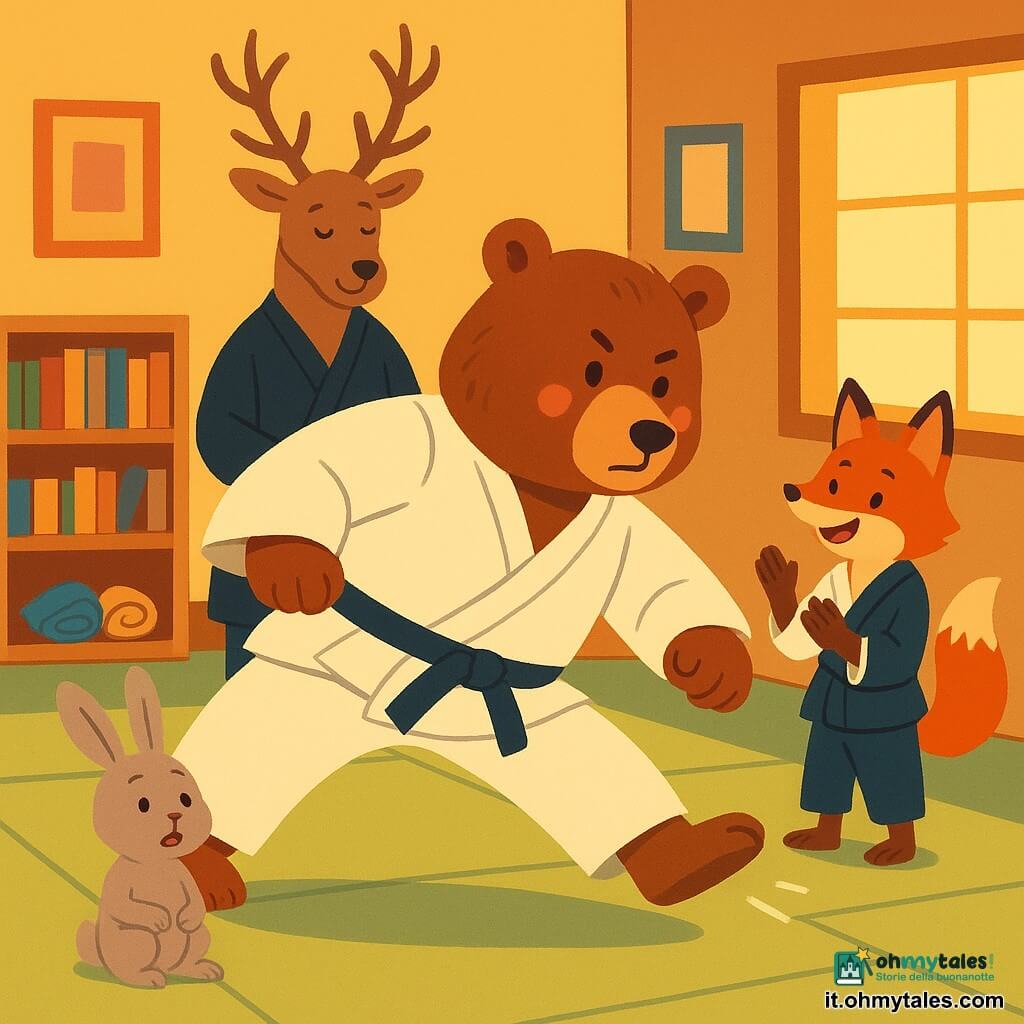Personaggio principale: Bruno, un grande orso bruno dal pelo morbido e un po' arruffato, viso rotondo con guance rosa, sguardo concentrato e calmo, kimono bianco leggermente troppo largo, che esegue un calcio basso controllato con una piccola nuvoletta di respiro "Ha!" davanti a sé; personaggi secondari: il maestro Renzo, vecchio cervo slanciato dalle grandi corna, kimono scuro, espressione serena e benevola, in piedi dietro a sinistra ad osservare e incoraggiare; una volpe rossa dalla coda lucente, sorriso malizioso, a destra ad applaudire; un coniglio dalle lunghe orecchie, occhi sorpresi ma divertiti, seduto sul bordo del tatami che respira con le mani sulla pancia; una lince piccola e nervosa, orecchio inclinato, vicino a Bruno che respira con lui, labbra serrate ma decisa; luogo: una piccola sala dojo calda vicino a una biblioteca, tatami verde chiaro ordinato, pareti in legno chiaro, grandi finestre quadrate con un raggio di luce dorata, poster semplici e una piccola mensola con cinture; situazione: allenamento collettivo e piccola prova, atmosfera di sostegno e impegno, composizione centrata su Bruno in azione, colori piatti vivaci, contorni netti, stile infantile e texture morbide, espressione di incoraggiamento e calma attiva.