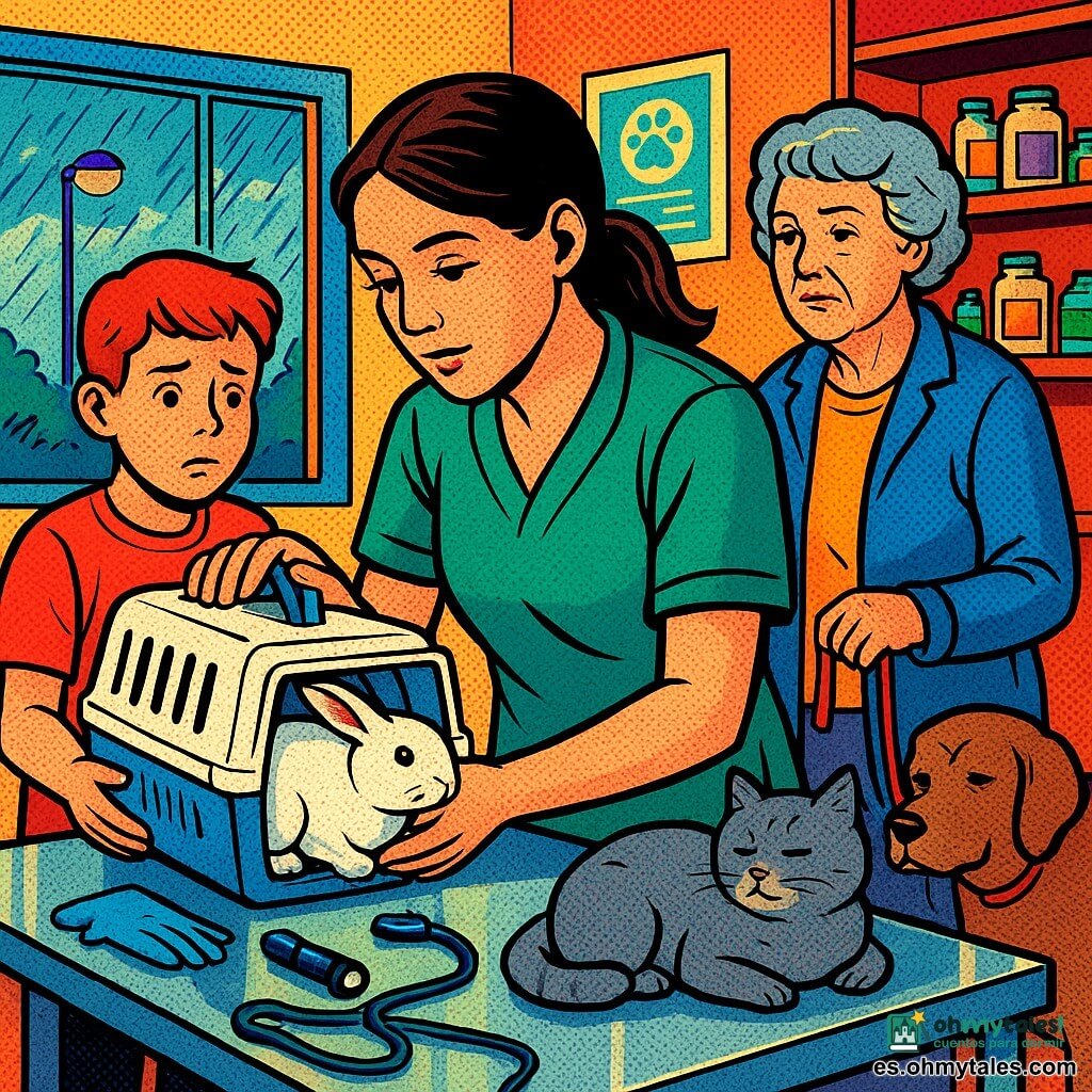 Luna, joven veterinaria tranquila y concentrada, cabello castaño recogido y bata verde, se inclina para examinar una pequeña transportadora sobre la mesa; Nube, gata gris y somnolienta, yace en el mostrador a la derecha con la cola alrededor; un niño de unos 8 años sostiene la transportadora blanca con un conejo blanco tembloroso dentro y mira a Luna preocupado a la izquierda; una mujer mayor de unos 65 años sujeta la correa de un viejo perro marrón y está junto a la entrada, ligeramente ceñuda pero segura; la mesa de examen es de metal con guantes, un estetoscopio negro, una lámpara y un cuaderno abierto; la clínica tiene iluminación cálida, paredes crema con pósteres, estantes con frascos y una ventana grande que muestra lluvia; la escena principal muestra a Luna examinando y tocando suavemente al conejo mientras el niño aprieta la caja, la mujer acaricia al perro y Nube observa desde el mostrador, en una atmósfera tierna y atenta.