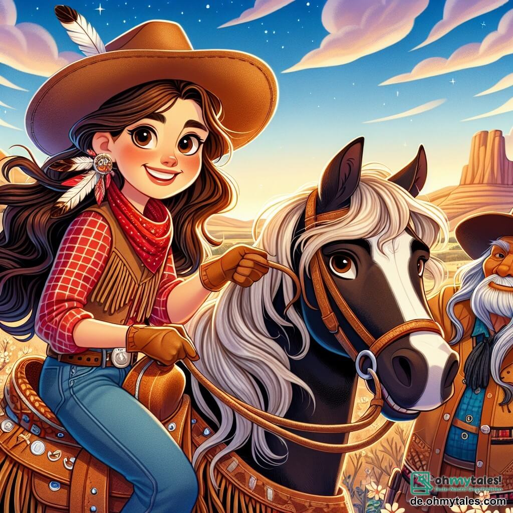 Im Vordergrund ist eine junge Cowgirl namens Lilly, etwa 25 Jahre alt, mit einem breiten Cowboyhut und einem roten karierten Hemd dargestellt. Sie hat wellige braune Haare, die über ihre Schultern fallen, und ihr Gesicht strahlt Entschlossenheit und Freude aus. Lilly hält fest die Zügel ihres prächtigen schwarzen Hengstes namens Sternchen, der bereit zu galoppieren scheint. Neben ihr sitzt ein alter Indianer, Großvater Grauer Wolf, etwa 70 Jahre alt, auf einem Felsen. Er trägt traditionelle Kleidung mit Federn im Haar und ein warmes Lächeln im Gesicht. Stolz schaut er Lilly an, bereit, ihr weise Ratschläge zu geben. Im Hintergrund erstreckt sich die Landschaft des Wilden Westens bis zum Horizont: goldene Hügel, blühende Kakteen und ein strahlend blauer Himmel mit weißen Wolken. Die Sonne geht unter und schafft eine magische Atmosphäre mit orangefarbenen und violetten Tönen. Die Hauptsituation zeigt Lilly und Großvater Grauer Wolf, die sich auf einen bevorstehenden Sturm vorbereiten, während sie Tiere zusammenbringen, um sie in Sicherheit zu bringen. Lillys Ausdruck zeigt ihren Mut und ihre Entschlossenheit, während Großvater Grauer Wolf ihr seine Weisheit und Unterstützung vermittelt.