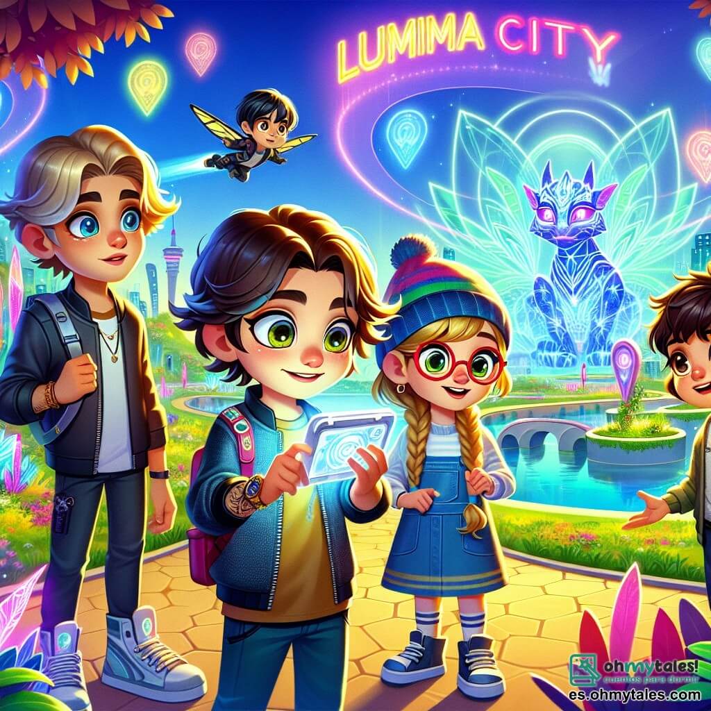 En un parque futurista de la ciudad de Lumina, cuatro niños están juntos, maravillados. Leo, un niño de ocho años con cabello castaño desordenado y ojos brillantes de curiosidad, sostiene un gadget plateado en sus manos. A su derecha, Ana, una niña con trenzas rubias y gafas redondas, examina el gadget con atención. A la izquierda, Mateo, un niño con cabello negro y una gorra colorida, sonríe traviesamente, listo para hacer una broma. Finalmente, Clara, una niña de cabello rojo y expresión decidida, está a su lado, señalando un holograma de dragón colorido que ilumina el cielo. El parque está lleno de vegetación luminosa, con árboles de hojas brillantes y flores que cambian de color. Hologramas flotan en el aire, proyectando imágenes de la ciudad futurista, mientras vehículos voladores cruzan el cielo azul. La escena principal muestra a los niños descubriendo un pasaje secreto detrás de un holograma, listos para explorar un mundo oculto lleno de sorpresas y misterios.