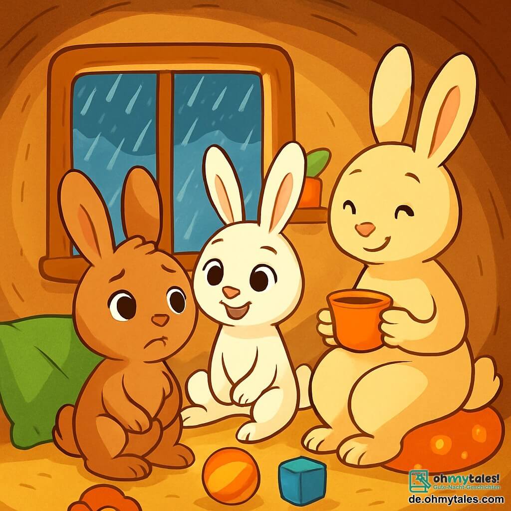 Max, ein kleiner Hase mit großen Ohren und weichem, braunem Fell, steht vor dem Fenster seines gemütlichen Baues. Er hat einen besorgten Blick, seine runden Augen glänzen vor leichtem Angst, während er den Regen beobachtet, der draußen in Strömen fällt. Neben ihm schaut seine Schwester Mia, ein kleines Kaninchen mit weißem Fell und funkelnden Augen, ihn mit einem beruhigenden Lächeln an, ihre Ohren aufgerichtet, bereit zu spielen, um seine Ängste zu lindern. Ihre Mama, eine sanfte Häsin mit crèmefarbenem Fell, steht in der Nähe und hält eine Tasse heißen Tee, mit einem beruhigenden Lächeln auf ihrem Gesicht, das zeigt, dass sie da ist, um sie zu trösten. Die Szene spielt sich in einem gemütlichen Bau ab, mit Erdwänden, bunten Kissen und verstreuten Spielzeugen, während das gedämpfte Morgenlicht durch das Fenster strömt und den Raum erhellt. Max, besorgt wegen des Regens, wendet sich an seine Familie, um Trost und Kraft zu suchen, um seine Angst zu überwinden.