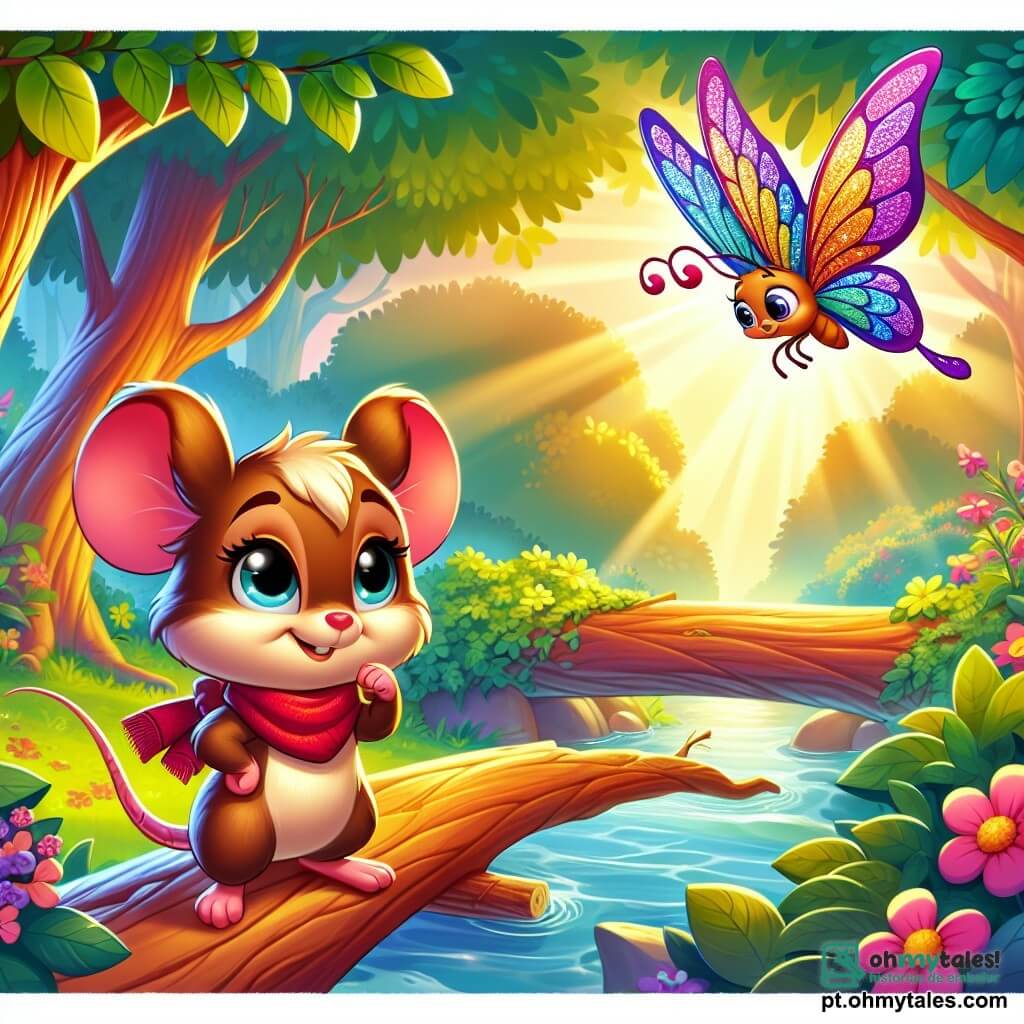 Uma pequena ratinha chamada Mimi, com pelagem macia e marrom, olhos brilhantes de curiosidade e um pequeno cachecol vermelho ao redor do pescoço, está orgulhosamente em um galho de árvore, com um olhar determinado e alegre. Ao seu lado, uma linda borboleta chamada Lila, com asas multicoloridas cintilantes, voa graciosamente, sorrindo e encorajando Mimi em sua aventura. Abaixo, uma floresta encantada se estende, com árvores majestosas de folhas brilhantes e flores vibrantes que dançam ao vento. A cena principal mostra Mimi, cheia de coragem, pronta para atravessar um pequeno rio usando um galho caído, enquanto o sol filtra através da folhagem, criando uma atmosfera mágica e acolhedora.