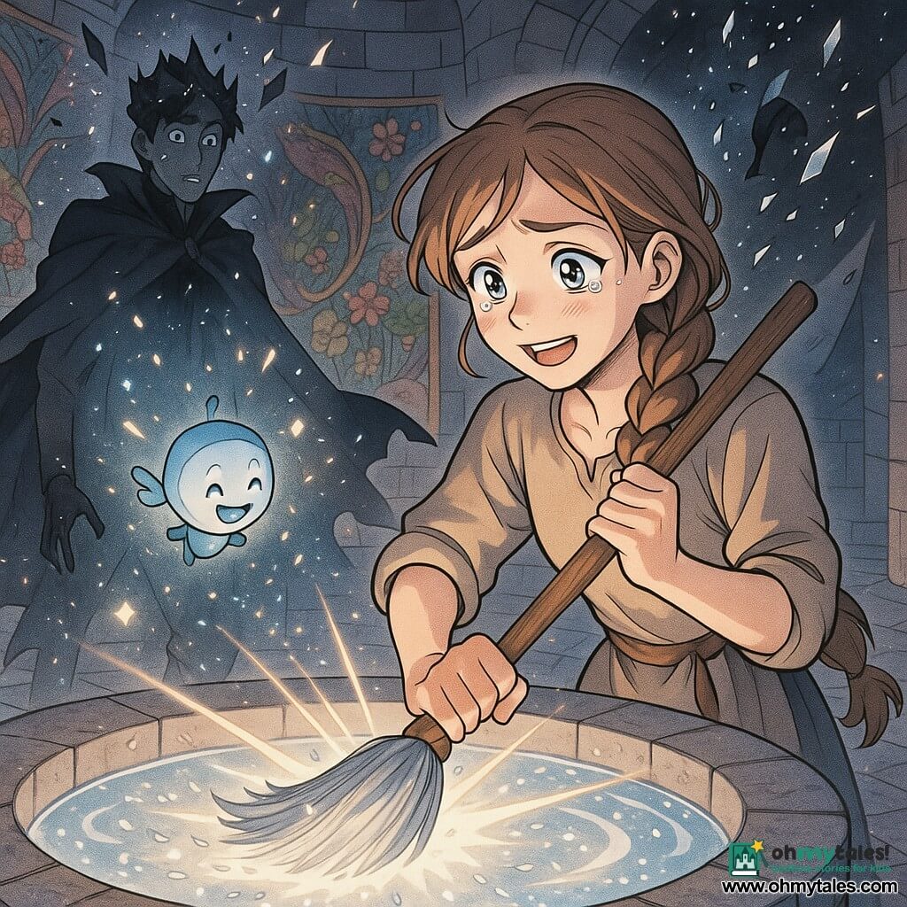 Main character: Mira, a young woman with light brown hair in a practical braid, soft determined face and tearful bright eyes, calmly sweeping a comet-straw broom into a circular well of light in a smooth stone tower; Secondary: Glint, a small twilight-blue lantern sprite, round and lively, sparks dancing near Mira's right shoulder; Secondary: the Night Regent, a pale, elegantly clad man with a dark tattered cloak and a surprised softened expression, standing back as his black glass crown cracks into falling sparks; Setting: interior of a round tower with colorful tapestries coming to life and polished stone floors; Action: Mira cleans shadow film from the light well, releasing ribbons of silver-white light that reform the tapestries and dissolve the Regent into glittering shards while Glint dances; Visual mood: strong contrast of cool shadow and warm silver light, pastel tones with gold accents, crisp manga-style lines and tender exaggerated expressions, composition centered on the luminous well and Mira in action.
