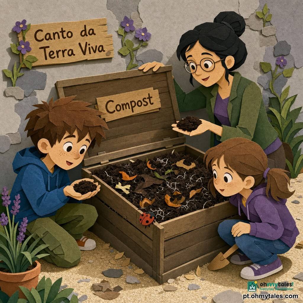 Um garoto de 10 anos, rosto redondo com sardas, cabelo castanho bagunçado, ajoelhado com as mãos cheias de terra escura e fértil, olhando com admiração para a composteira aberta; a professora Joana, cerca de 30 anos, cabelo preto preso em coque, óculos finos e expressão suave e orgulhosa, em pé atrás da caixa de madeira com uma mão na borda e a outra mostrando a terra às crianças; uma menina, Rita, cerca de 9–10 anos, pele clara e tranças, agachada ao lado do garoto com uma pequena pá de madeira, atenta à terra; cenário: pátio escolar ensolarado com piso de cascalho claro e um muro cinza texturizado com pequenas flores roxas nas fissuras, uma velha caixa de madeira com tampa aberta marcada "Compost" e uma plaquinha "Canto da Terra Viva", uma joaninha vermelha de pintas pretas na borda; situação: abertura da composteira e descoberta de composto rico, escuro e fofo como chocolate, fios brancos de micélio e restos de cascas, atmosfera calma e de encantamento; paleta: tons quentes e terrosos, texturas em estilo paper cut com recortes nítidos e sombras projetadas.