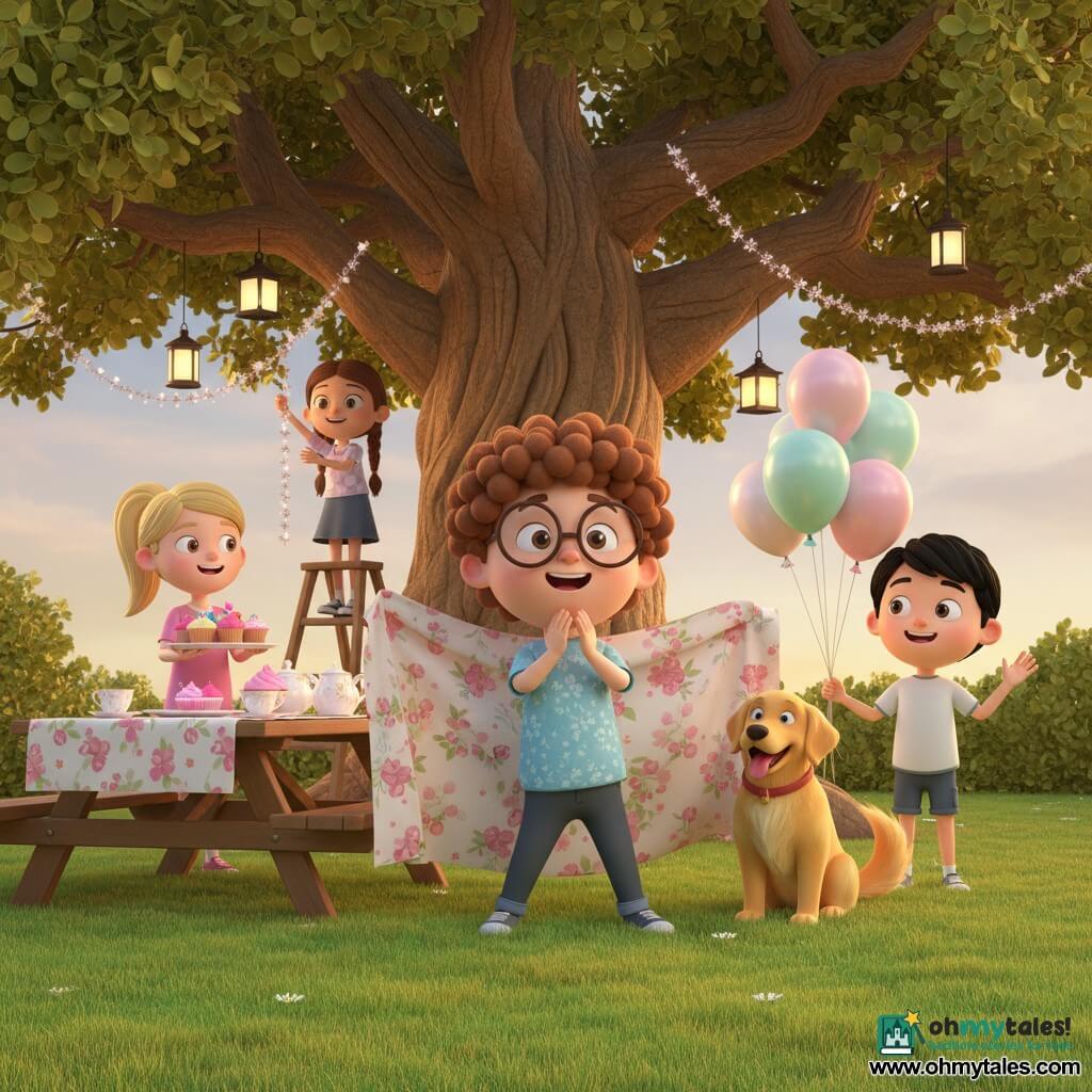 A joyful Mother's Day surprise in a sunny backyard: a round-faced 10-year-old boy with curly brown hair and large round glasses stands center on the lawn, holding a piece of fabric and beaming; his surprised mother (about 35–40, mid-length brown hair) stands just in front of him with hands to her mouth; a golden retriever sits beside the boy, tail wagging; an 11-year-old girl with blond ponytail holds a tray of colorful cupcakes behind a flower-covered picnic table to the left; an 11-year-old boy with short black hair cheers near pastel balloons on the right; a 10-year-old girl with braided brown hair hangs a glitter garland from a branch while on a small ladder; the scene includes a large old oak, hanging lanterns, paper garlands, pink-frosted cupcakes and porcelain teacups, and warm early evening light.