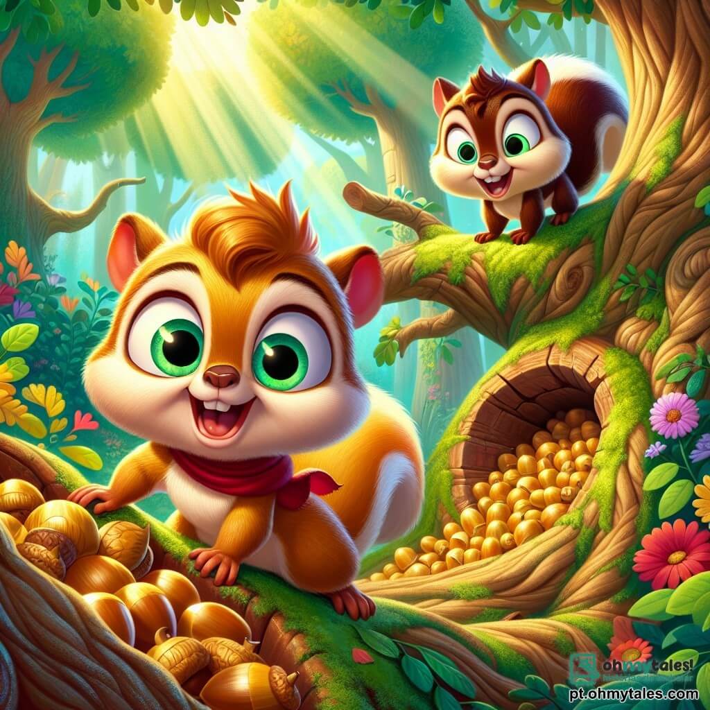 Em uma floresta encantada, um jovem esquilo de pelos dourados, chamado Tico, está em um galho baixo, com os olhos brilhando de excitação e um largo sorriso no rosto. Ele usa um pequeno cachecol vermelho que flutua levemente ao vento. Ao seu lado, seu irmão, Pipoca, um esquilo de pelagem marrom e grande rabo peludo, salta de alegria, com os olhos brilhando de curiosidade e o nariz pequeno tremendo de entusiasmo. O ambiente é repleto de árvores majestosas, folhas verdes vibrantes e flores coloridas que dançam na brisa suave. Um raio de sol filtra através das folhas, iluminando a dupla travessa. A cena mostra Tico e Pipoca descobrindo um tesouro de bolotas douradas escondido em uma velha árvore oca, com expressões de surpresa e felicidade em seus rostos, prontos para viver uma nova aventura juntos.