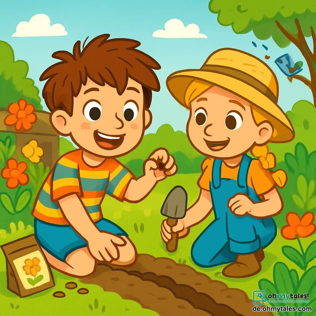 Ein 8-jähriger Junge, Paul, mit zerzausten braunen Haaren und Sommersprossen auf der Nase, lächelt begeistert, während er Blumensamen in einem sonnigen Garten pflanzt. Er trägt ein bunt gestreiftes T-Shirt und eine blaue Shorts, und seine Augen strahlen vor Freude. Neben ihm ermutigt seine beste Freundin Mia, ein 8-jähriges Mädchen mit einem Strohhut und geflochtenen blonden Haaren, ihn mit einer kleinen Schaufel in der Hand, bereit zu helfen. Im Hintergrund erstreckt sich ein üppiger Garten, gefüllt mit leuchtenden Blumen, grünen Gemüse und einer kleinen Holzlaube, während Vögel in den Bäumen zwitschern. Die Szene zeigt einen fröhlichen und kooperativen Moment, in dem die Kinder Spaß daran haben, zu pflanzen und gemeinsam die Magie der Natur zu entdecken.
