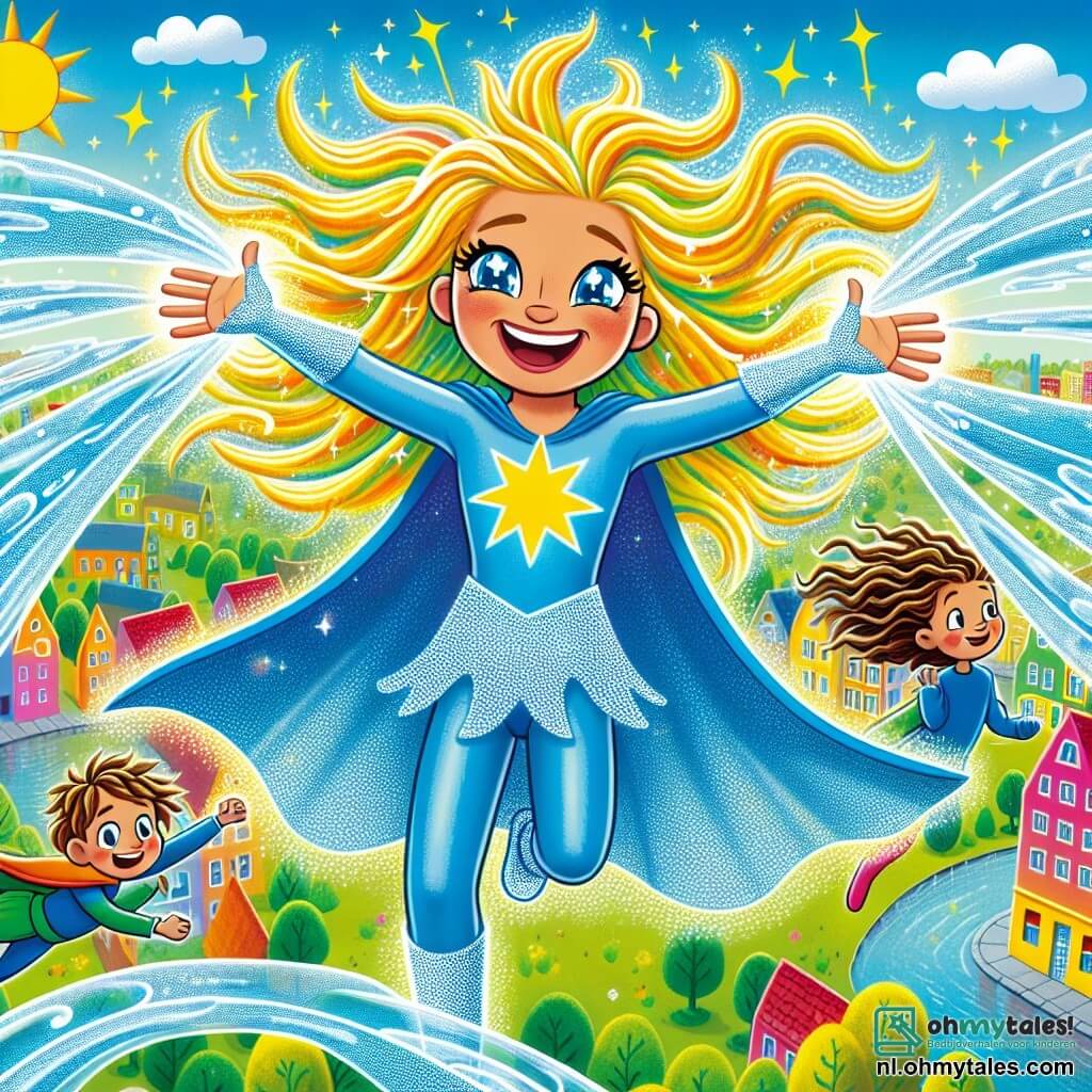 In het midden van de afbeelding staat een superheldin genaamd Sterrenlicht, een vrouw met lange, glanzende gouden haren die stralen als zonneschijn, die vrolijk glimlacht. Ze draagt een sprankelende blauwe cape en haar ogen schitteren als twee sterren. Ze vliegt boven Glimlansstad met haar armen wijd open, straalt geluk en vertrouwen uit. Aan haar rechterkant staat Windkracht, een jongen van ongeveer 10 jaar met tousled haar en een vastberaden uitdrukking, die met zijn handen krachtige wind creëert die de bladeren van de bomen onder hem laat dansen. Aan haar linkerkant staat Waterwonder, een meisje van 9 jaar met golvend haar en sprankelende ogen, die fonkelend water uit een fontein laat spuiten en regenbogen in de lucht creëert. De achtergrond toont een kleurrijke stad, Glimlansstad, met huizen in felle kleuren, groene bomen en een stralend blauwe lucht. In de verte zijn kinderen te zien die spelen en lachen, verwonderd door het spektakel. De hoofdscène toont Sterrenlicht, Windkracht en Waterwonder verenigd, gebruikmakend van hun krachten om de stad te verlichten en vreugde te brengen aan de bewoners, terwijl de Schaduwheks, een mysterieuze vrouw met donker haar en een zwarte cape, nieuwsgierig toekijkt, klaar om haar hart te veranderen.