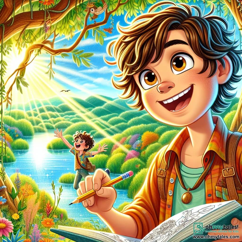 A 12-year-old boy, Oliver, with messy brown hair and sparkling curious eyes, stands in a beautiful tree, smiling widely, holding a sketchbook in one hand and a pencil in the other. Next to him, Max, another 12-year-old boy with curly hair and a colorful shirt, excitedly gazes at the landscape below, arms raised as if ready to jump. They are in a large treehouse nestled among lush greenery, with sunlight filtering through the leaves, casting a golden glow. Below, a shimmering lake reflects the blue sky, surrounded by colorful wildflowers and the distant laughter of playing children. The main scene shows Oliver and Max drawing together, capturing the beauty of their magical summer filled with excitement and joy.