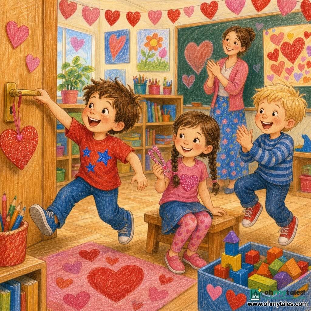 A joyful, proud 6-year-old boy Dylan with messy brown hair in a red T-shirt with glittery blue stars reaches for a glittery paper heart hanging on a door handle while laughing and hopping; Mia, about 6, with brown braids and a glitter clip in hand, smiles at Dylan from near a bench, happy and grateful; Sam, about 6 with blond hair, claps and hops beside a bin of blocks, eager; Miss Rosa, a fair-skinned teacher in her 30s with hair tied back, stands by a board smiling and gently applauding; the classroom is decorated for Valentine's Day with red and pink heart garlands, colorful posters, bookshelves and crayon jars, light wood floor, creating a warm, lively scene of children gathered around Dylan's sparkling heart.