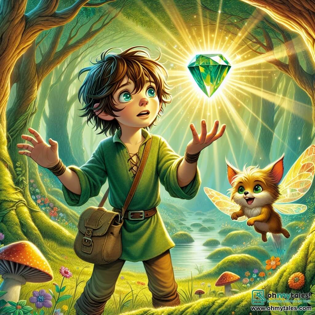 In the center of the image, an 11-year-old boy named Leo stands with a determined and awestruck expression. He has messy chestnut hair, sparkling blue eyes, and wears a green canvas tunic with a small leather bag by his side. Leo is reaching out towards a magnificent shimmering gem, the Heart of the Forest, which floats before him, emitting a soft golden light. Next to him, Pippin, a small fairy-like creature with delicate wings and emerald eyes, joyfully flutters around Leo. Pippin has fluffy fur and a playful expression, encouraging Leo on his quest. The backdrop is the enchanted forest of the Whispering Woods, with majestic trees, vibrant green leaves, and sunlight filtering through the foliage, creating luminous patterns on the moss-covered ground. Colorful flowers and strange mushrooms dot the landscape, adding a touch of magic. The scene captures the pivotal moment in the story where Leo, with courage and wonder, is about to grasp the Heart of the Forest, symbolizing his adventure and desire to help his village.