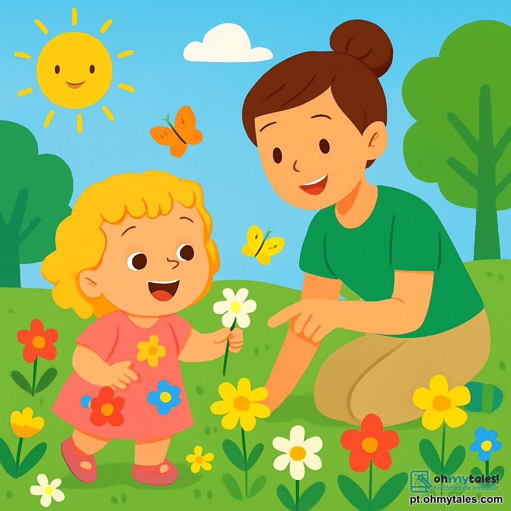 Uma menina de 2 anos, com cabelos cacheados e dourados, usa um vestido rosa com flores coloridas. Ela tem um grande sorriso alegre e olhos brilhantes de excitação. Ela está colhendo flores em um jardim ensolarado. Ao lado dela, uma professora, uma mulher de cerca de 30 anos, com cabelos castanhos presos em um coque, usa uma camiseta verde e calças bege. Ela sorri e mostra à menina como escolher as flores mais bonitas. O jardim está cheio de flores multicoloridas, borboletas voando e árvores verdes sob um céu azul brilhante. A menina se diverte colhendo flores, maravilhada com a beleza da primavera.