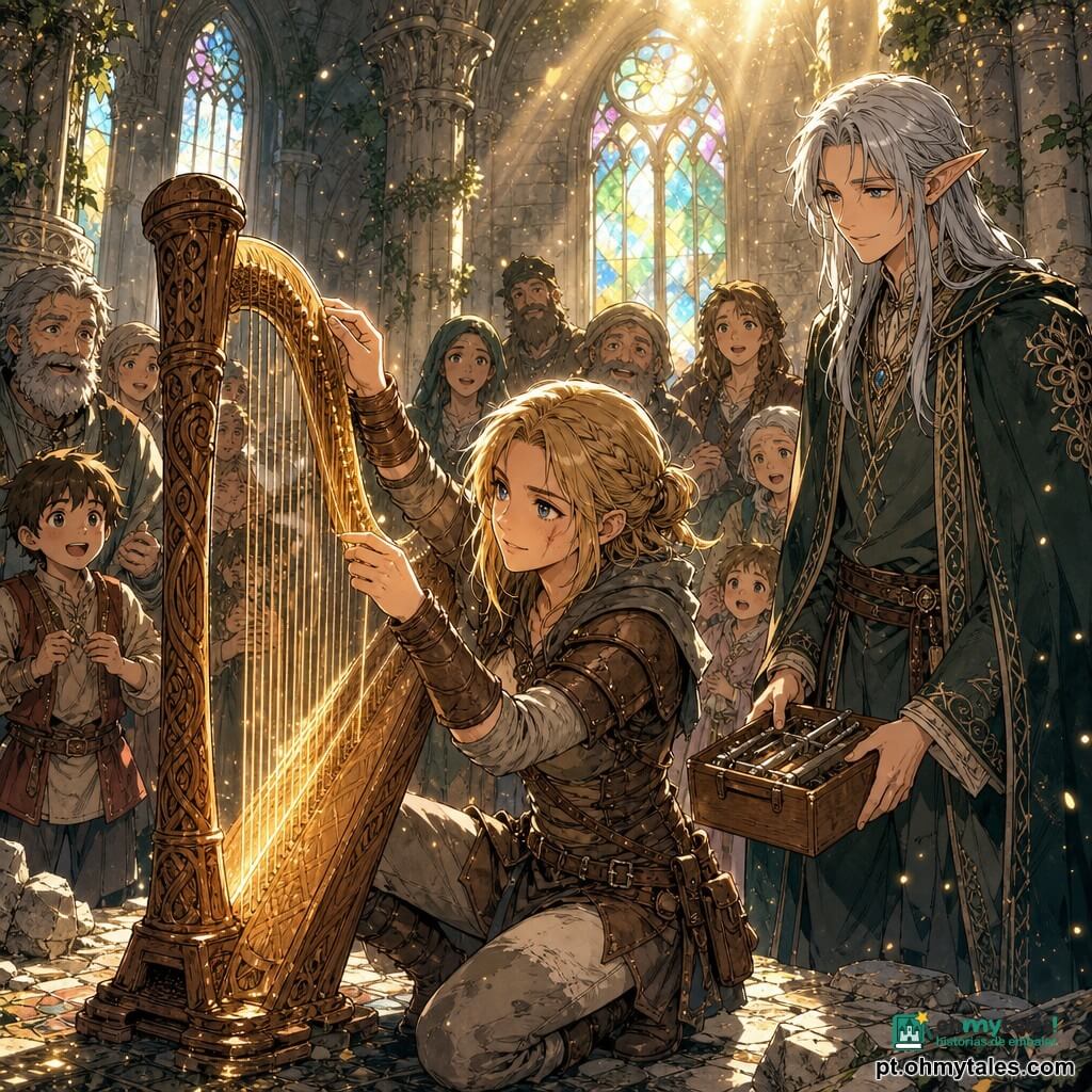 Lyra, guerreira de cerca de 25 anos, ajoelhada diante de uma grande harpa de madeira esculpida, estende a mão para apertar a última corda enquanto a harpa emite um brilho dourado quente; à direita, Elandor, elfo de aparência jovem com cabelos prateados e orelhas pontiagudas, sorri admirando e segura uma pequena caixa de ferramentas; ao fundo, uma meia-lua de habitantes maravilhados (crianças e adultos); cena num antigo templo de pedra com colunas esculpidas, mosaicos rachados, trepadeiras e pó dourado nos raios de luz dos vitrais, atmosfera solene, pacífica e esperançosa.