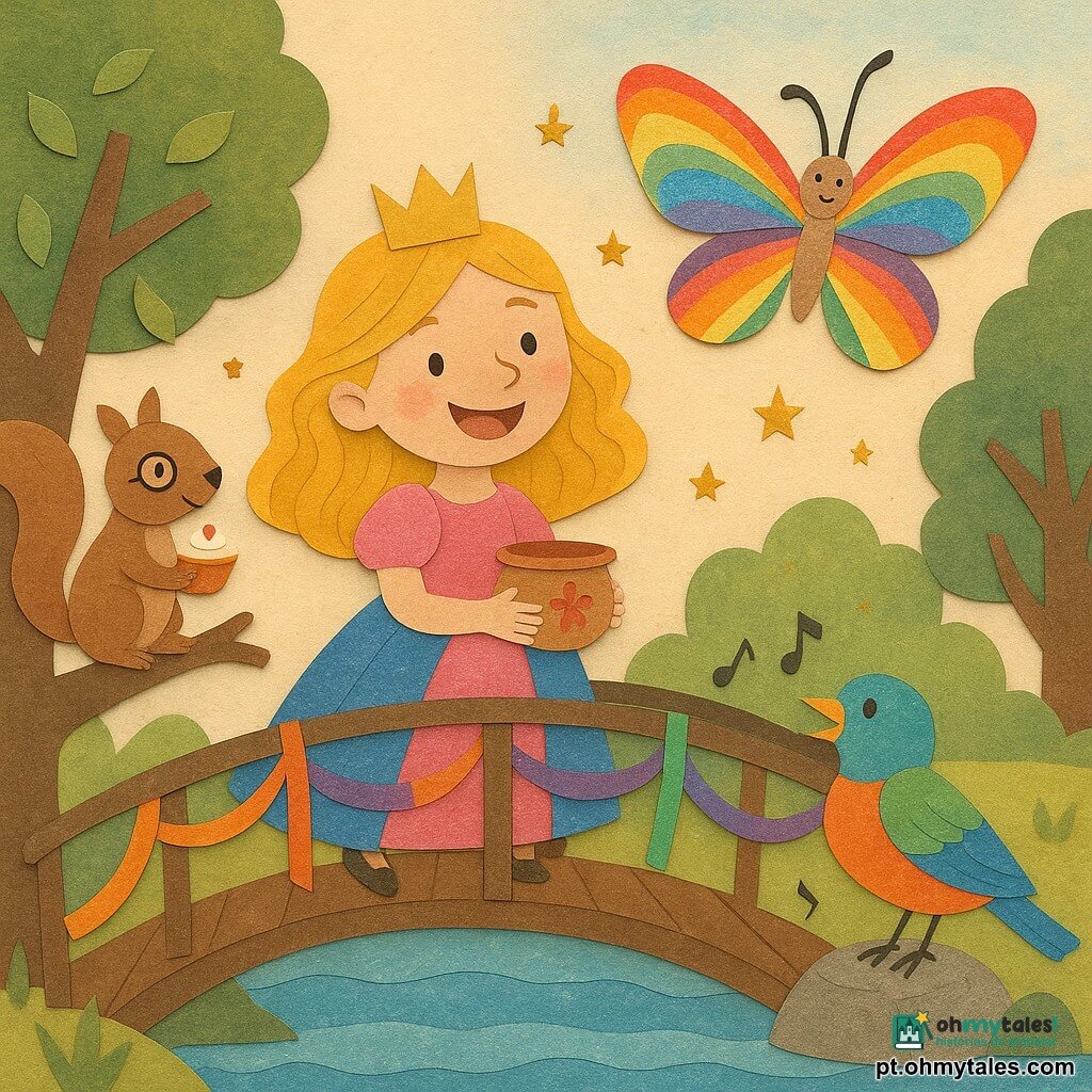Uma princesa de cerca de 9 anos, alegre e curiosa, cabelos dourados como fios de sol e vestido em retalhos rosa e azul, sorri enquanto atravessa uma passarela em arco de madeira coberta de fitas de papel coloridas (laranja, roxo, verde) segurando uma pequena caixa de terracota pintada; à sua frente guia uma borboleta mensageira gigante com asas em arco-íris e sorrisos, brilhando com purpurina, e à esquerda um esquilo elegante macho com monóculo de papel segura um mini-bolo em um galho; abaixo, perto de um filete de água, um pato cantor macho de cores vivas abre o bico enquanto notas musicais de papel saltam ao redor; ao redor caem estrelas de confete, ao fundo árvores em papéis sobrepostos, um lago espelhado com reflexos em papel metalizado e um céu em aquarela de papel, criando uma cena dinâmica, festiva e infantil de colagem, texturas de papel e glitter.