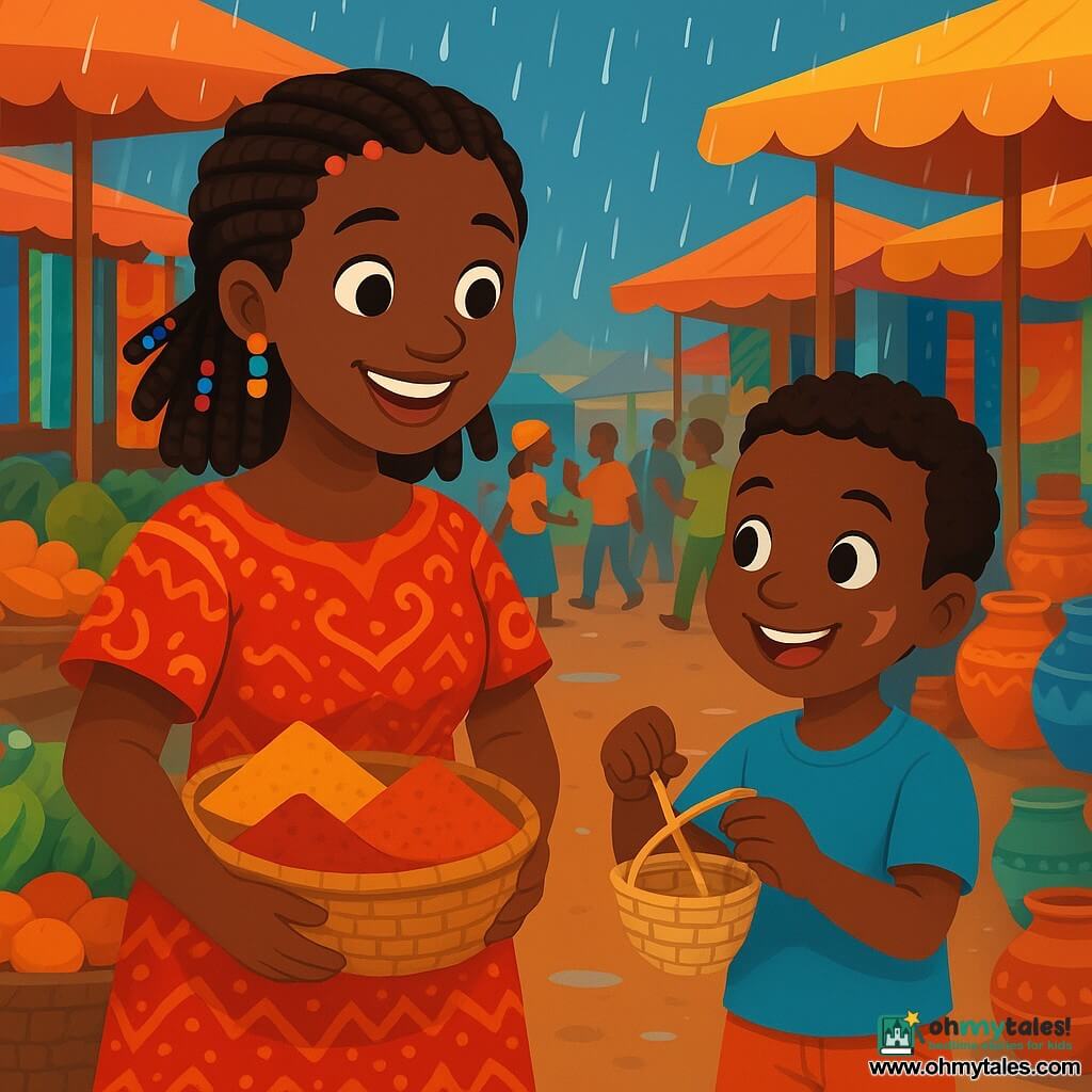Amina, a woman in her thirties, stands at the center of a vibrant market. She has braided hair adorned with colorful beads, a radiant smile, and sparkling curious eyes. She wears a traditional dress with bright red and orange patterns and holds a wicker basket filled with colorful spices. Next to her, a 10-year-old boy with a playful face and a crescent-shaped scar on his cheek shows her how to weave a small basket. He is dressed in a simple t-shirt and shorts, smiling enthusiastically as his nimble hands move in the air. In the background, the market is a festival of colors, with stalls overflowing with tropical fruits, vibrant fabrics, and shiny jars. People move in a joyful dance, laughter and singing floating in the warm air. The main scene shows Amina learning to weave a basket, surrounded by vivid colors and joyful sounds, as the rain begins to fall softly, creating a magical and warm atmosphere.
