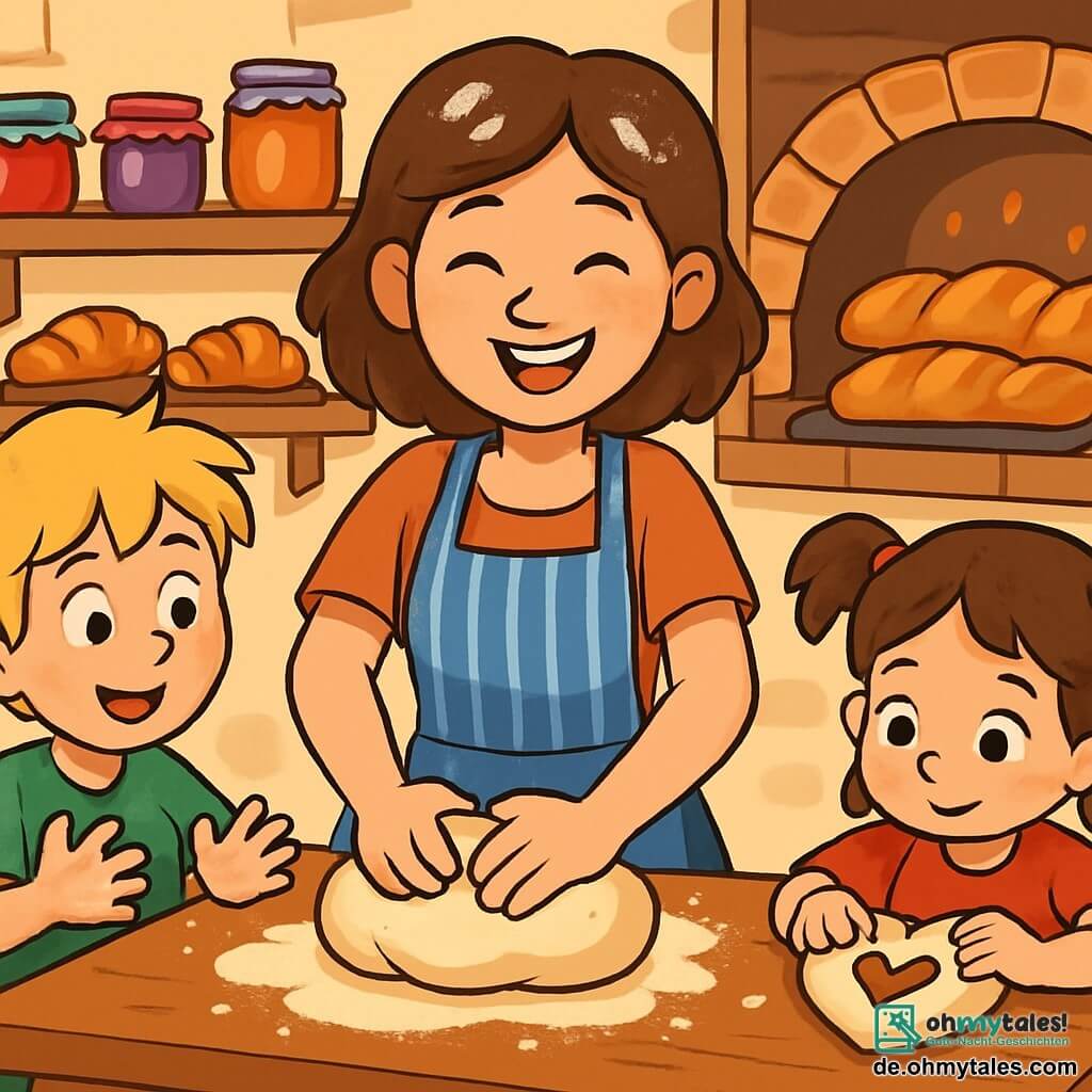 In einer kleinen, gemütlichen Bäckerei trägt eine junge Frau, Mia, ein schönes gestreiftes Schürze und hat braune Haare, die mit Mehl bestäubt sind. Sie knetet einen Teigball, ihre Augen strahlen vor Freude. Neben ihr beobachtet Max, ein 8-jähriger Junge mit zerzausten blonden Haaren, aufmerksam mit mehligen Händen, während Lina, ein 7-jähriges Mädchen mit Zöpfen, versucht, ein herzförmiges Brot zu formen, konzentriert. Die Bäckerei ist mit Mehlsäcken, bunten Marmeladengläsern und köstlichen goldenen Backwaren gefüllt, die eine magische und genussvolle Atmosphäre schaffen. Die Szene zeigt Mia und die Kinder, die zusammen lachen, umgeben von frischem Brot aus dem Ofen, und verdeutlicht die Freude am gemeinsamen Kochen.