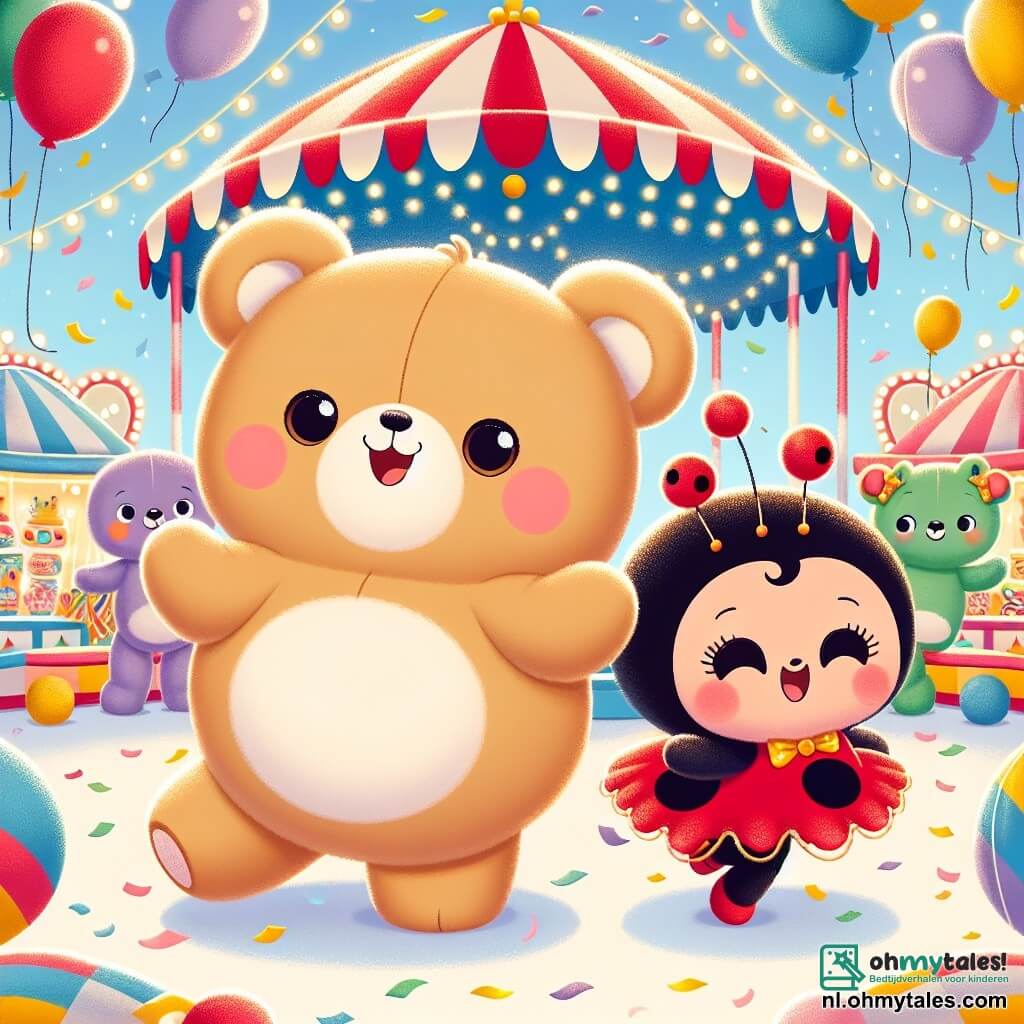 Benny, een zachte en ronde teddybeer met lichtbruin vacht en grote, sprankelende ogen, danst enthousiast midden in een kleurrijk carnaval met een grote glimlach op zijn gezicht. Naast hem draait Lila, een kleine glimlachende lieveheersbeestje in een rode jurk met witte stippen, stralend van geluk met open armen. De achtergrond is een grote feestelijke ruimte, gevuld met kleurrijke ballonnen, glinsterende slingers en snoepkraampjes, onder een stralend blauwe lucht. In het midden van het podium dansen Benny en Lila samen, omringd door lachen en muziek, terwijl ze de vriendschap en de magie van het carnaval vieren, met confetti die om hen heen vliegt.